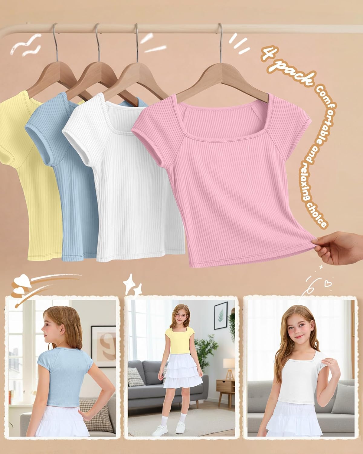4 Pack Girls Crop Tops Ribbed Knit Short Sleeve Shirts Square Neck 5-14 Years Basic Soft Slim Fitted Tees