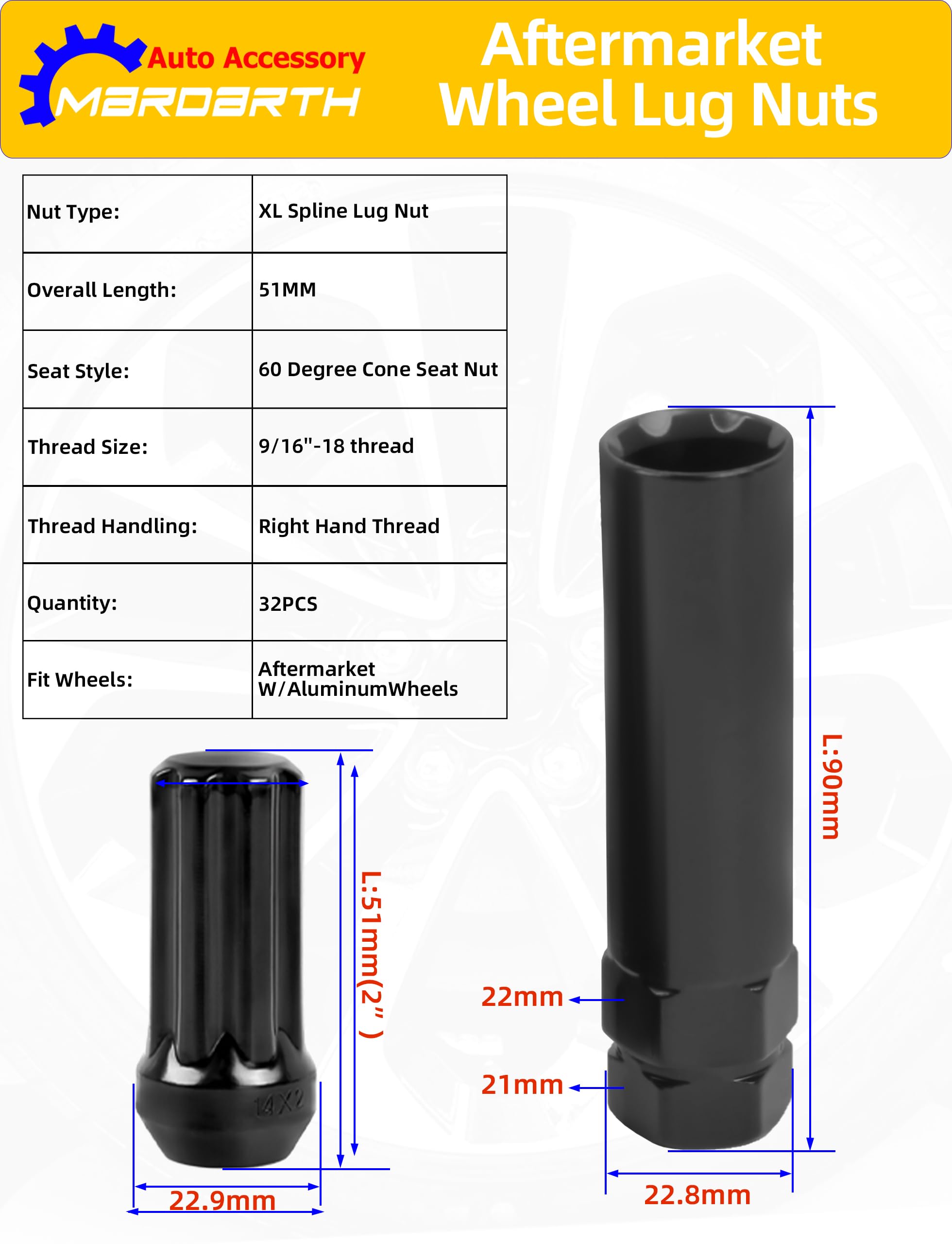 Set di 32 dadi scanalati 9/16-18 con bussola, compatibili con Dodge 1994-2011 Ram 2500 3500