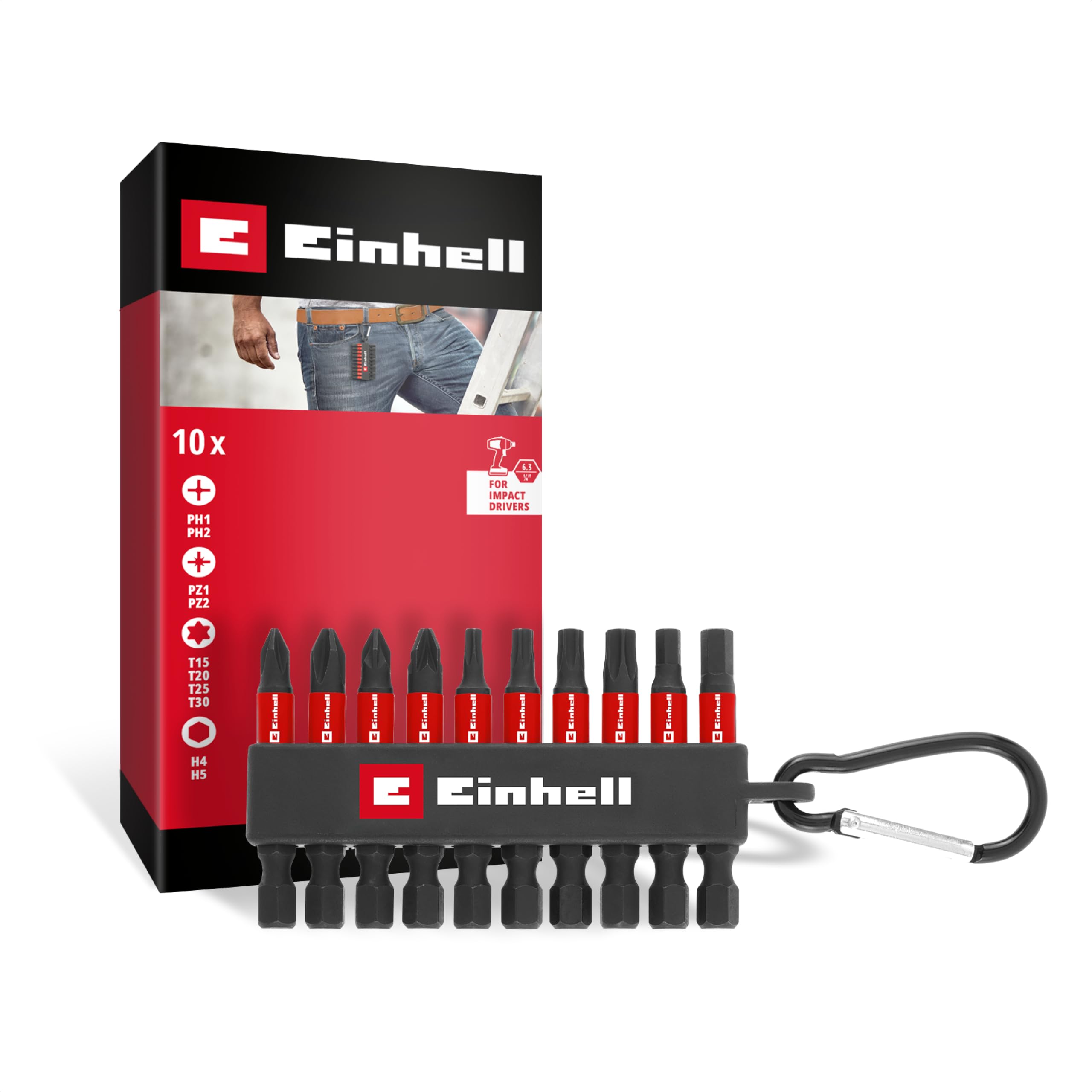 Orijinal Einhell Darbeli Bit Seti – 10 Parça (50 mm Bitler, PH/PZ/T/H, Manganez-Fosfat Kaplamalı S2 Çelik, E 6.3 Sap, Karabinalı Bit Taşıyıcı)