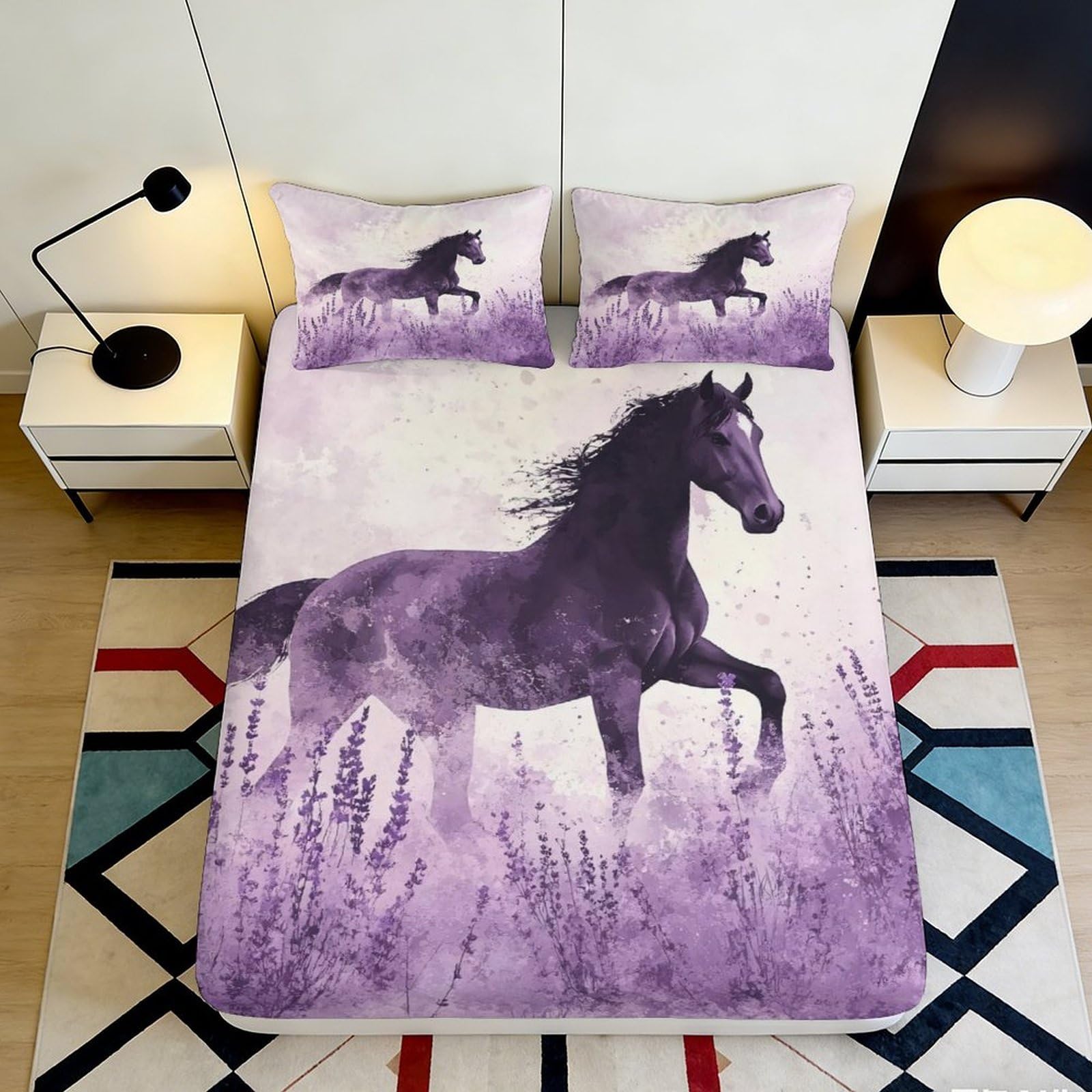 Jqzkxnhpbr Style-5 3D Printed Purple Galloping Horse Fitted Sheet Microfiber Soft Anti-Slip Bed Sheet For Bedroom Guest Room Decor 90X200x25cm