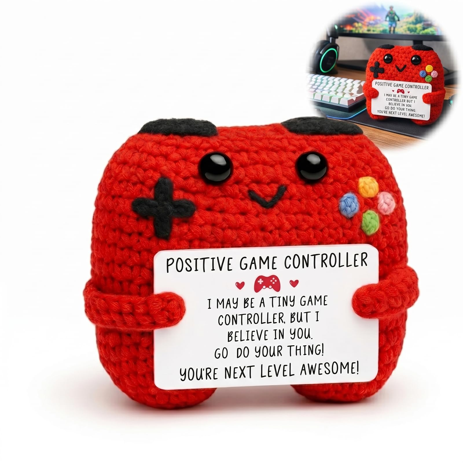 CAYLEKI Game Controller Handmade Crocheted Plush Toy with Inspirational Card for Good Luck Emotional Support - Portable Lucky Charm Gift for Desk Decor Backpack Keychain Accessory