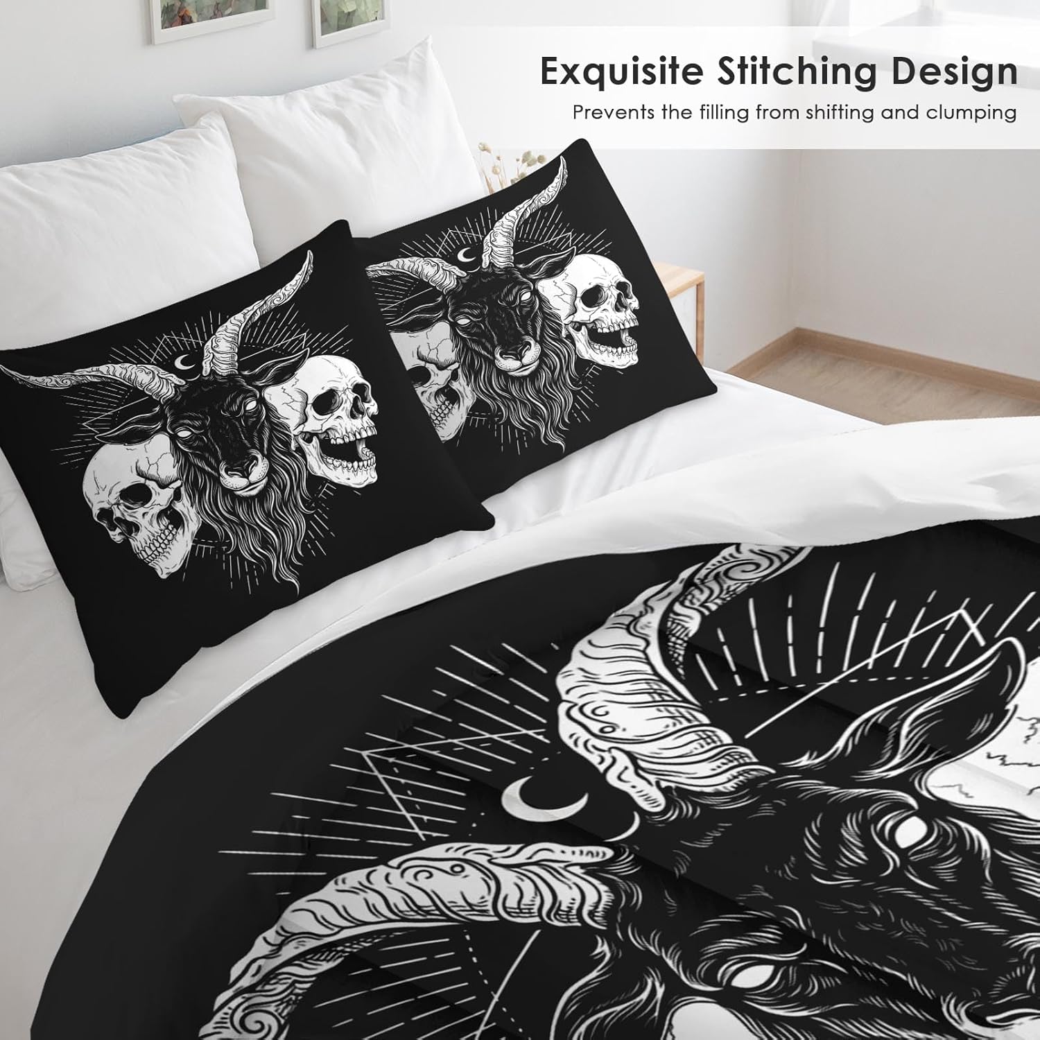Comforter Set Full Size, Baphomet Black Soft 3 Pcs Bedding for Adults, Animal Gothic Skeleton Vintage Comforter Set with 2 Pillowcases, for Bedroom Bed Decor