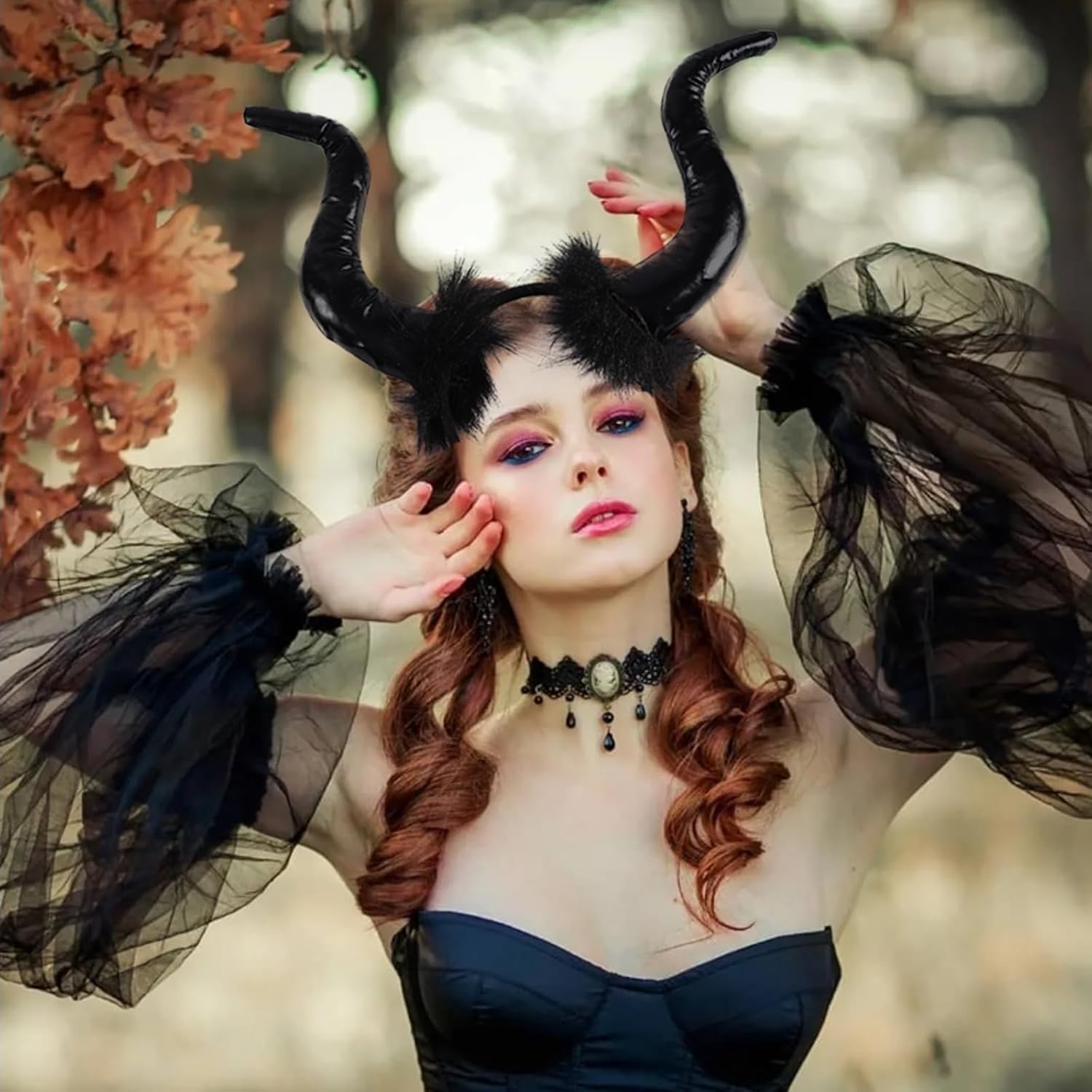 Devil Horns Headband Black Cosplay Horn Hair Hoop, Gothic Devil Horns Headband Halloween Dress Up Headwear for Women Girls Halloween Carnival Party Costume Accessories - Image 2