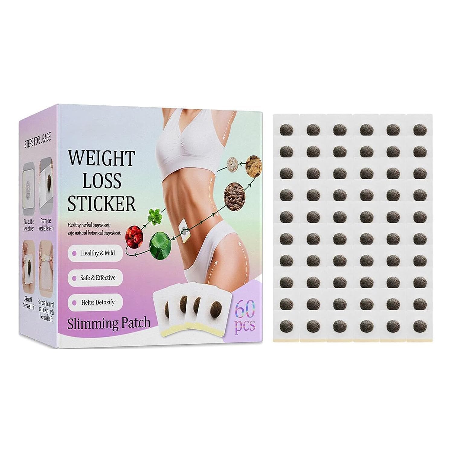 Jaysuing Pepisky 60Pcs Weight Loss Stickers Navel Slimming Patches Herbal Ingredient Burn Fat Accelerate Metabolism
