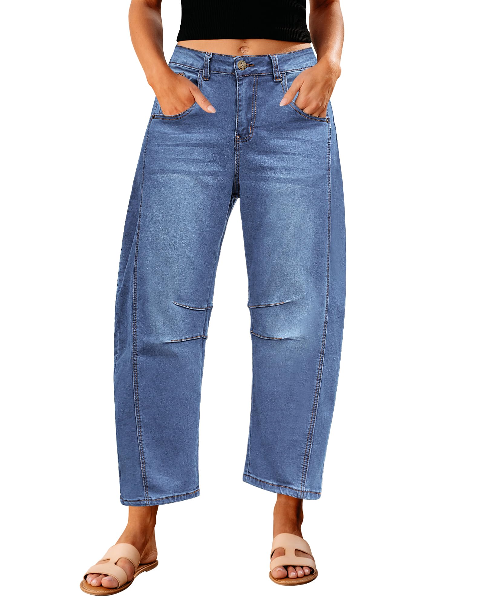 GRAPENT Barrel Jeans for Women High Waist Baggy Cropped Stretch Denim Pants | Barrel Leg Cut, High Rise, 26'' Inseam, Seam Details, Trendy Crop Jeans, Relaxed Fit, For Daily Wear, Dressy Casual Outfit