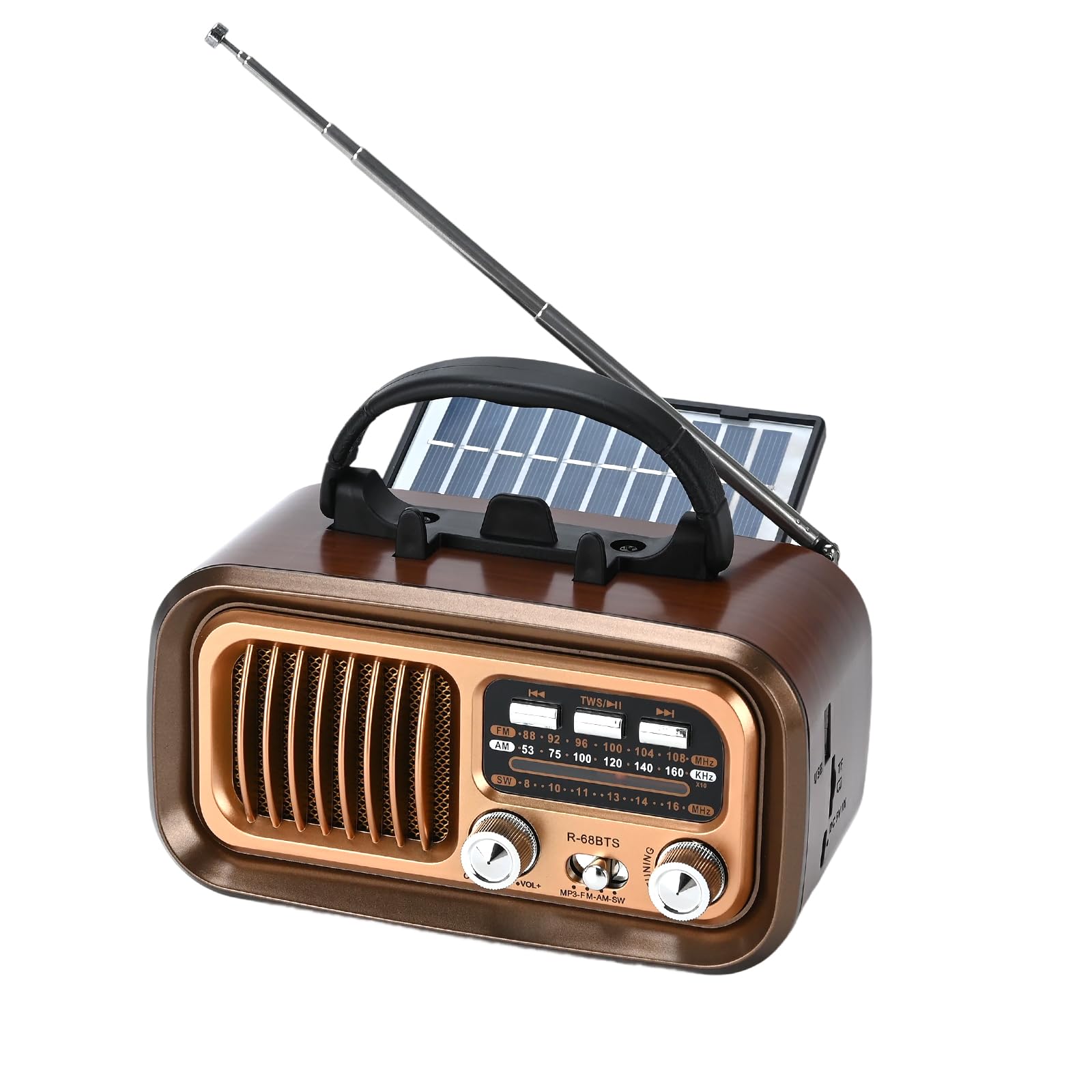 Radio Retro portátil, Radio portátil con Bluetooth, Am/FM/SW Bandas, Batería Recargable y Panel Solar-soporta Tarjeta USB/TF, emparejamiento TWS, diseño portátil para Cocina, baño, Viajes (café)