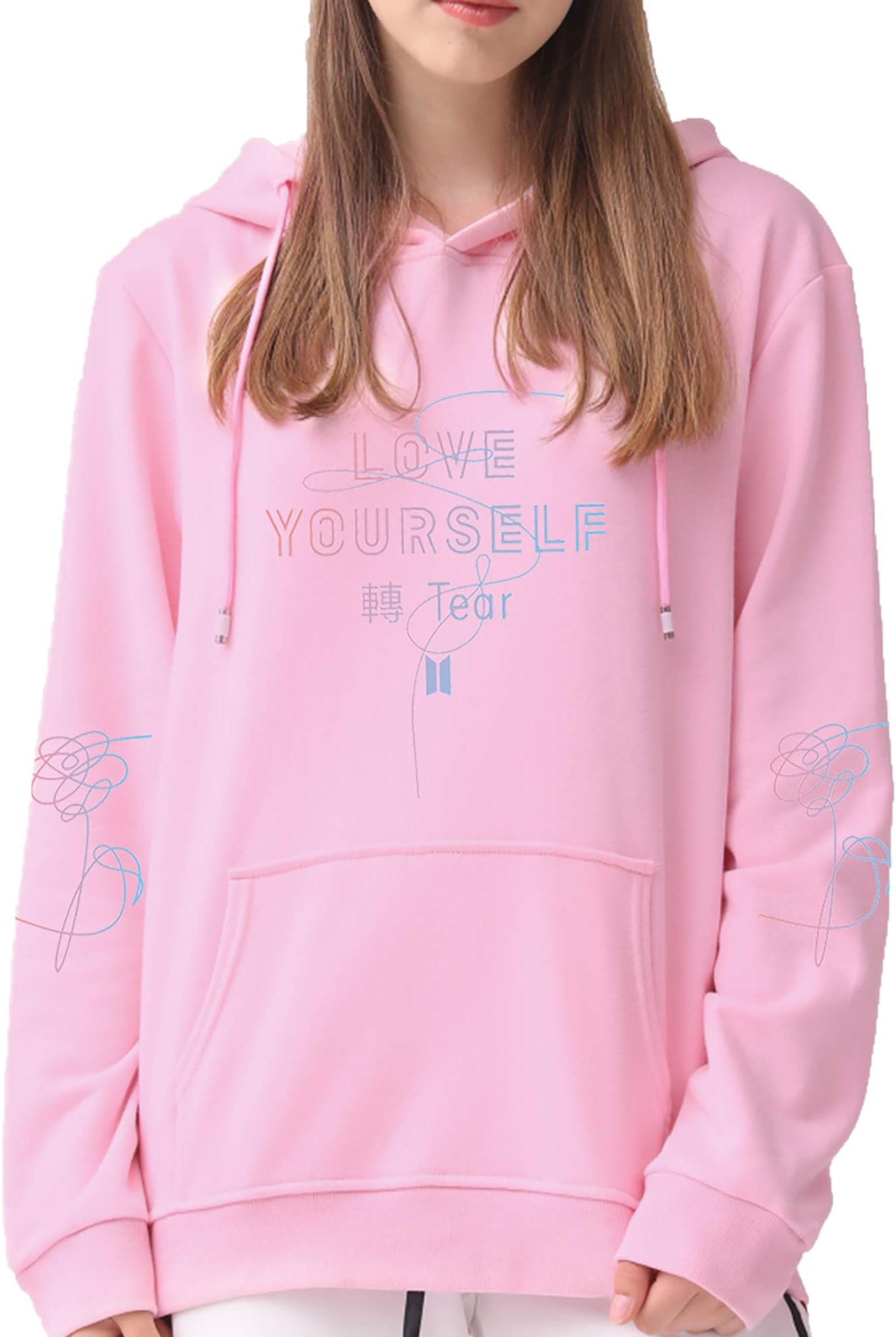 DealRight Kpop BTS Hoodie Love Yourself Hooded Suga Jungkook V Jimin Rap Monster Sweater Jacket Pullover Sweatshirt (Large,Pink)