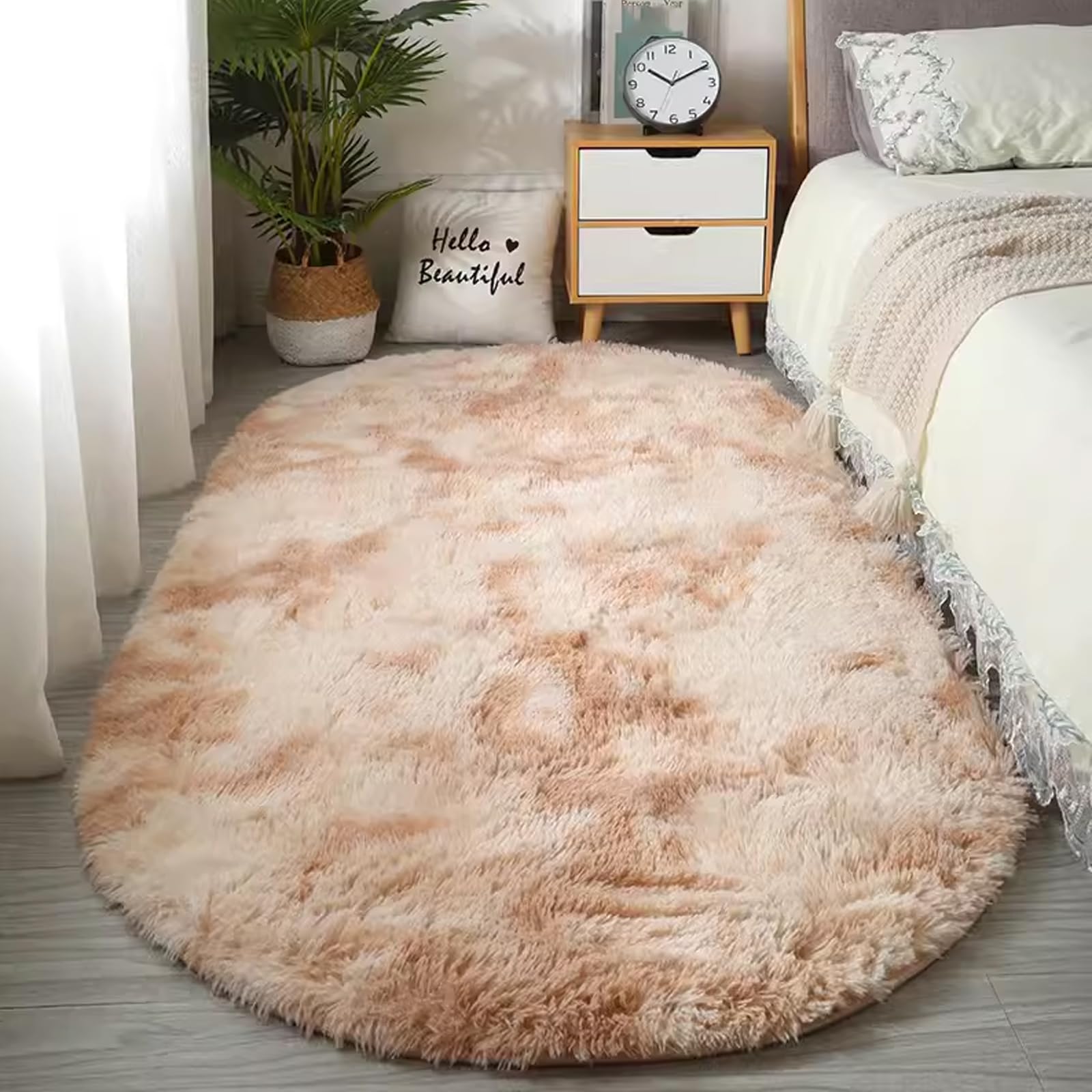 Rug, 2 1.5M Fluffy Ultra Soft Oval Bedroom Rugs, Shaggy for Kids Room,Khaki(2ft*5ft)