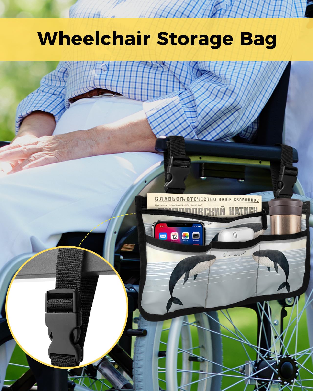 Whale Wheelchair Side Bag Walker Bag, Blue Sea Underwater Clouds Sky Cartoon Draw Wheelchair Accessories Armrest Pouch, Organizer Storage Bag for Walkers, Rollators, Scooters, 7.3''x13''