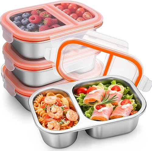 Palksky Lunch Containers Meal Prep Containers Stainless Steel, 2 Compartment Foo