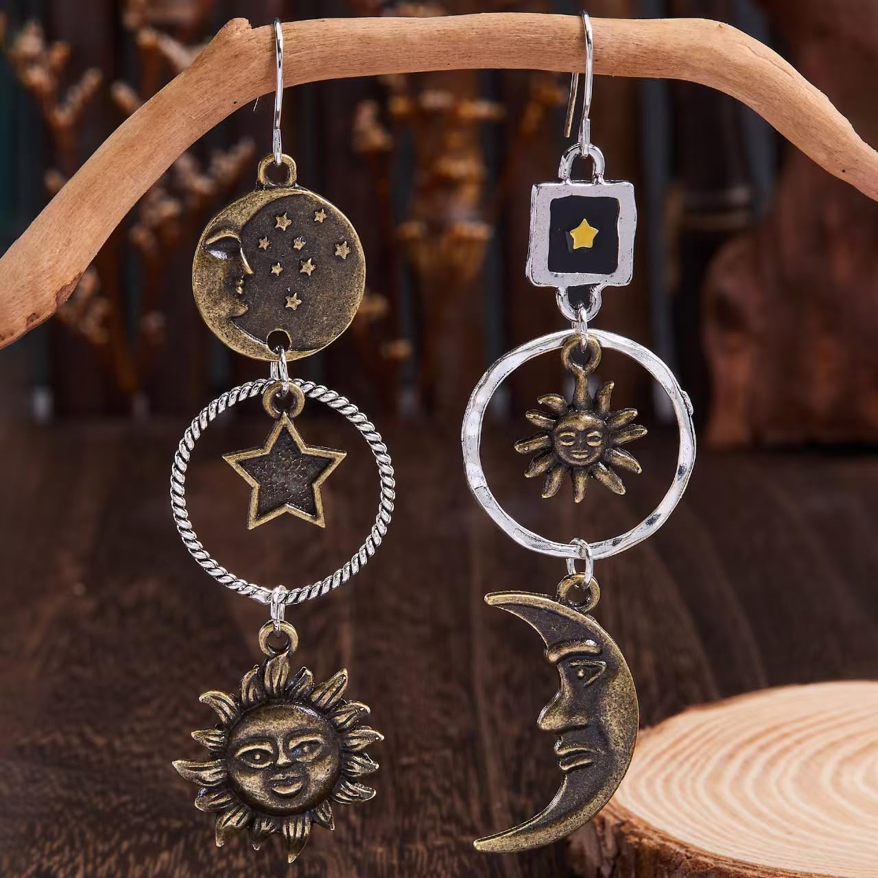 Sun And Moon Earrings Celestial Earrings Waterproof Bohemian Vintage Gold Moon Earrings Asymmetrical Drop Earrings for Women Jewelry - Image 5