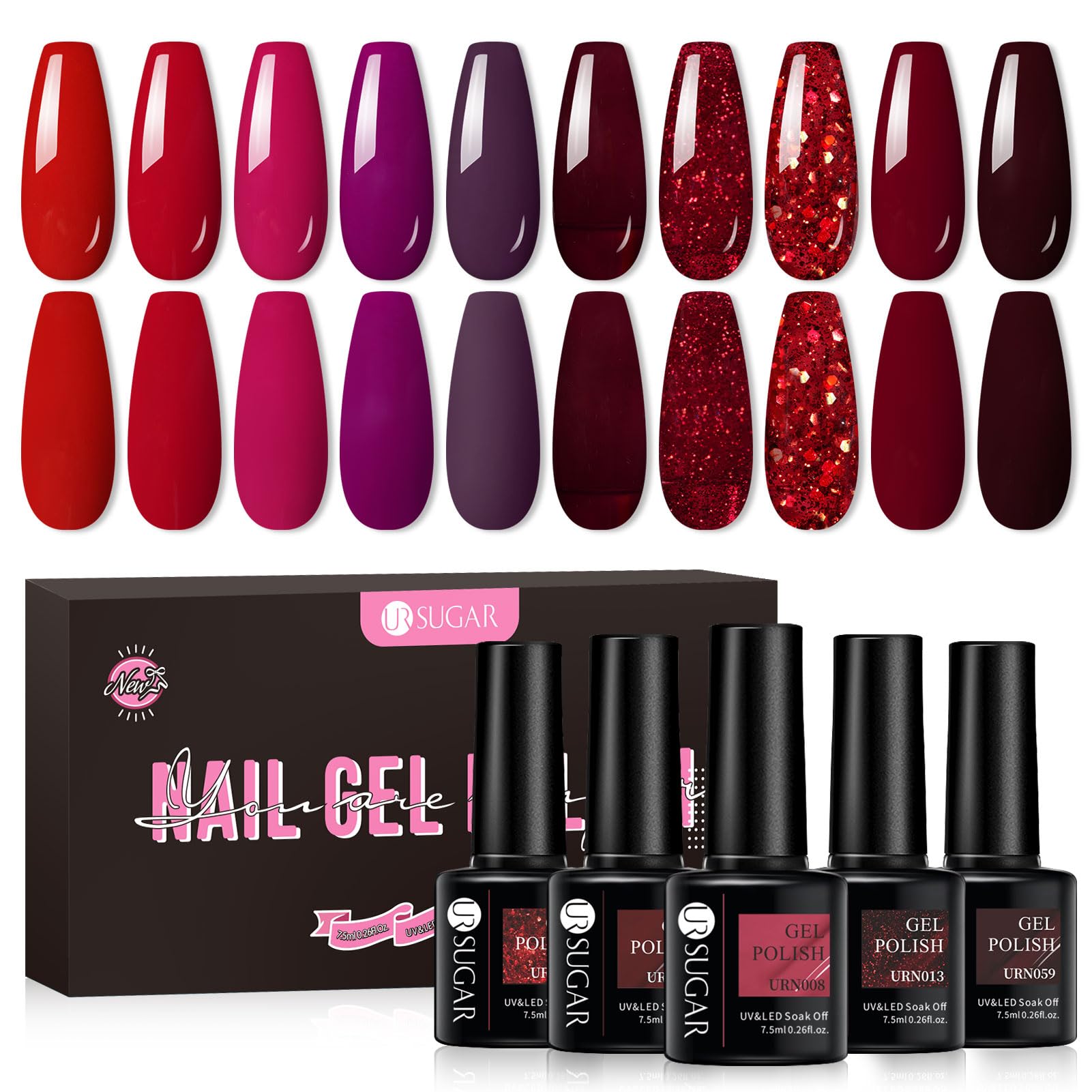 UR SUGARRed Gel Nail Polish Set, 10 Colors Red Collection Gel Polish Glitter Red Dark Red Burgundy Red Bloody Red Gel Polish Set for All Seasons Soak Off Gel Nail Manicure Gifts Set for Women