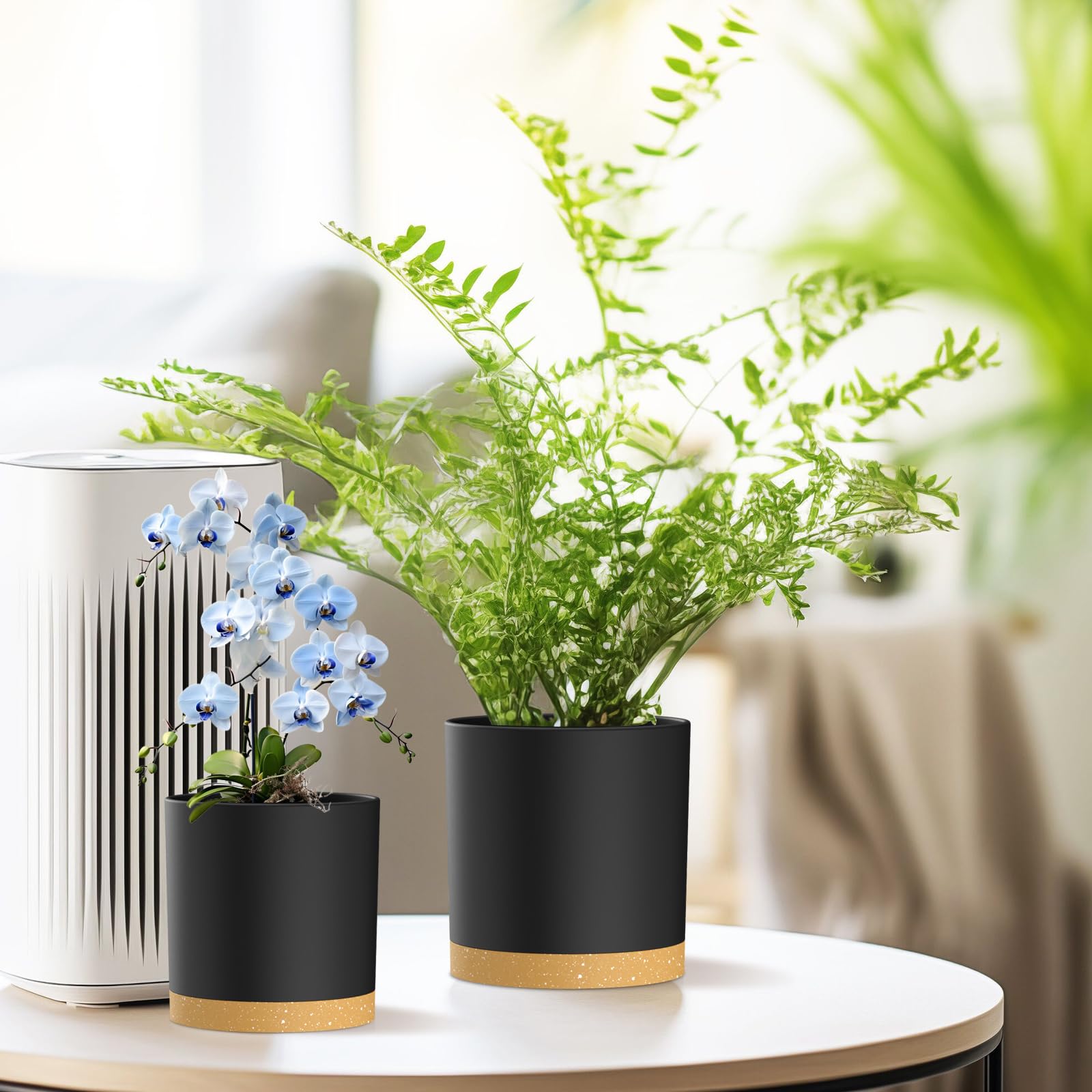Homeuouz 5 Packs Blumentopf mit Untersetzer, 17.8/15.2/14/12.7/10.2cm Pflanzentopf, Plastik Übertopf, Hydrokultur Topf, Blumentöpfe Set Ideal für Innen und Balkongärten, Schwarz mit braunes Tablett