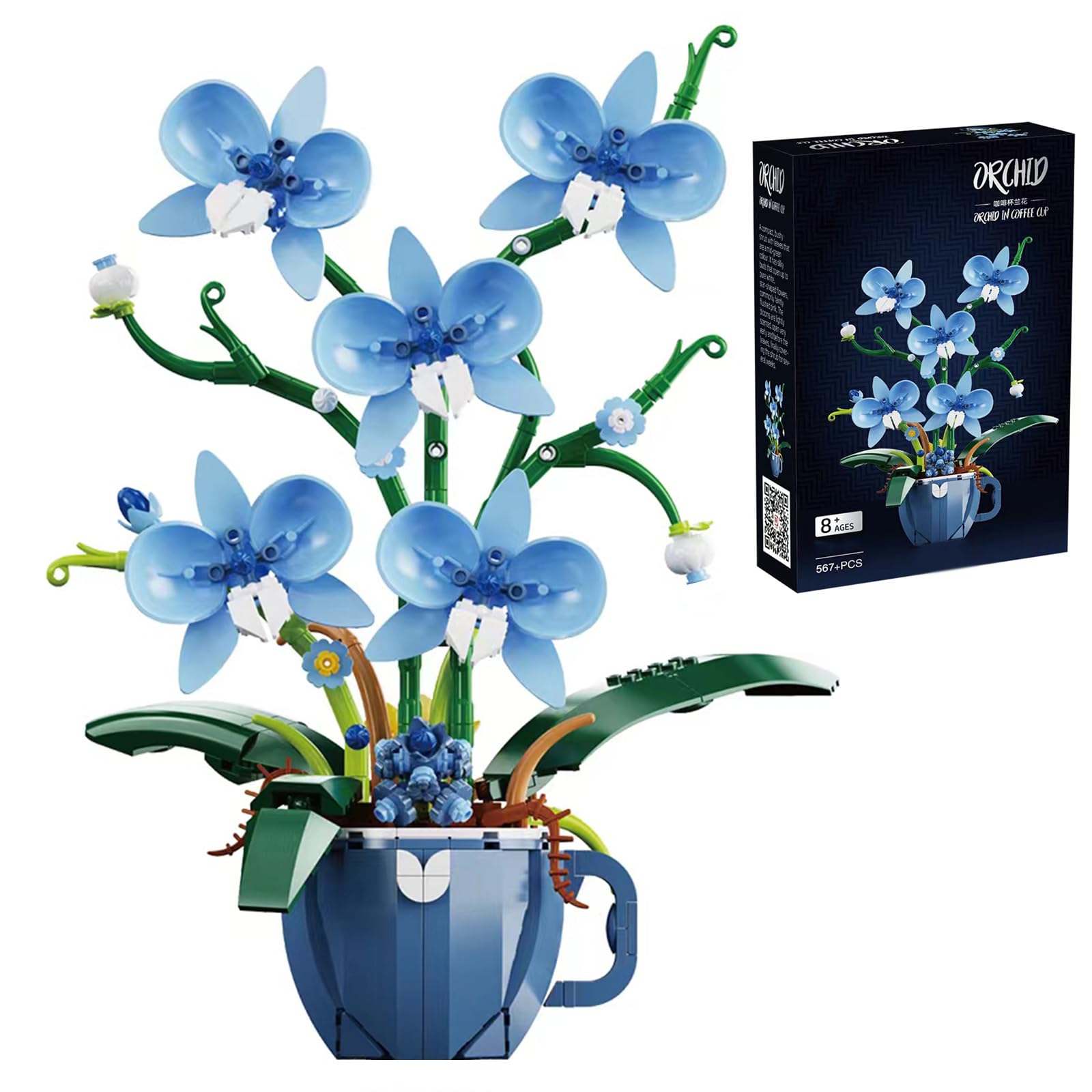 Blue Orchid Flower Building Set for Adults, Coffee Cup Orchid Botanical Collection Plant Building Kit, Home and Office Decor Gift for Christmas Day, Valentines, Birthday 567pcs