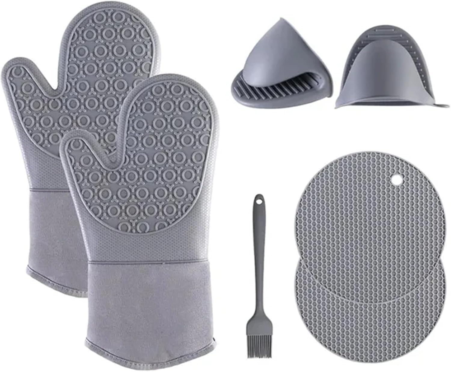 5-Piece Silicone Oven Gloves Set Withstands up to 800°F with Mat, Hand Clamps and Brush for BBQ Baking Cooking(Yellow)
