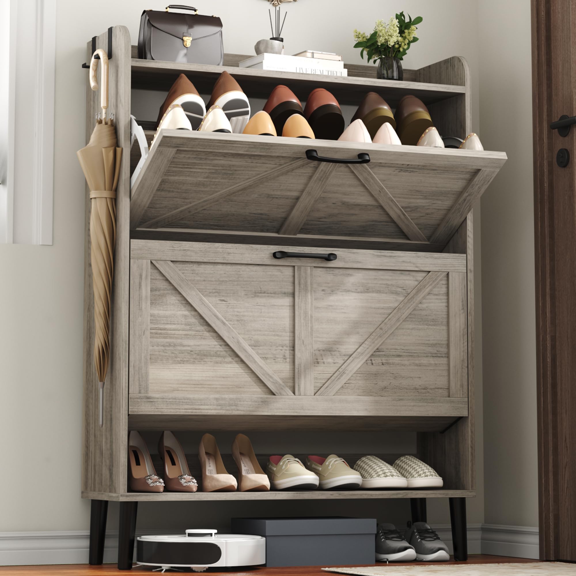 HOME BI Farmhouse Shoe Cabinet with Two Flip Drawers,3-Tier Shoe Storage Organizer with Open Shelf & Top Display,Freestanding Narrow Hidden Shoe Rack for Entryway,Hallway,Living Room,Washed Gray