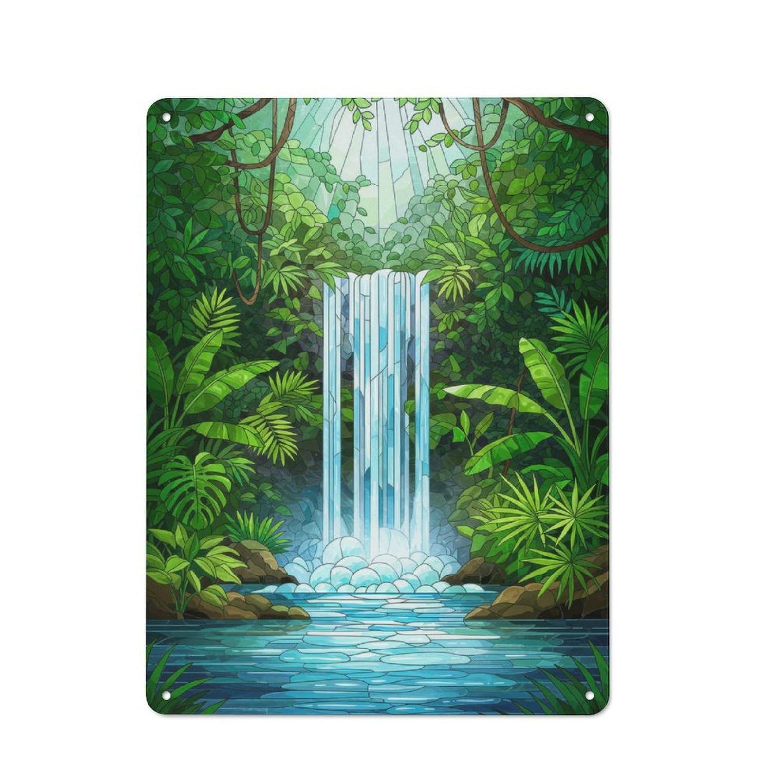 Metal Wall Sign 40x30cm Featuring Tropical Waterfall in Lush Jungle Setting for Hallway Wall, for Kitchen, Dining Room And Home Bar Wall Decor