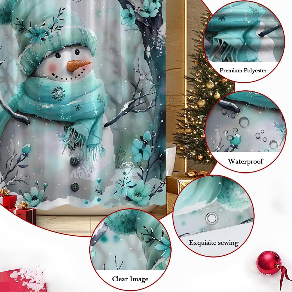 Winter Christmas Snowman Shower Curtain,Rustic Winter Forest Snowflake Funny Snowman with Floral Decor Farmhouse Xmas Polyester Curtains Set with Hooks (Teal, 70" W x 75" H)
