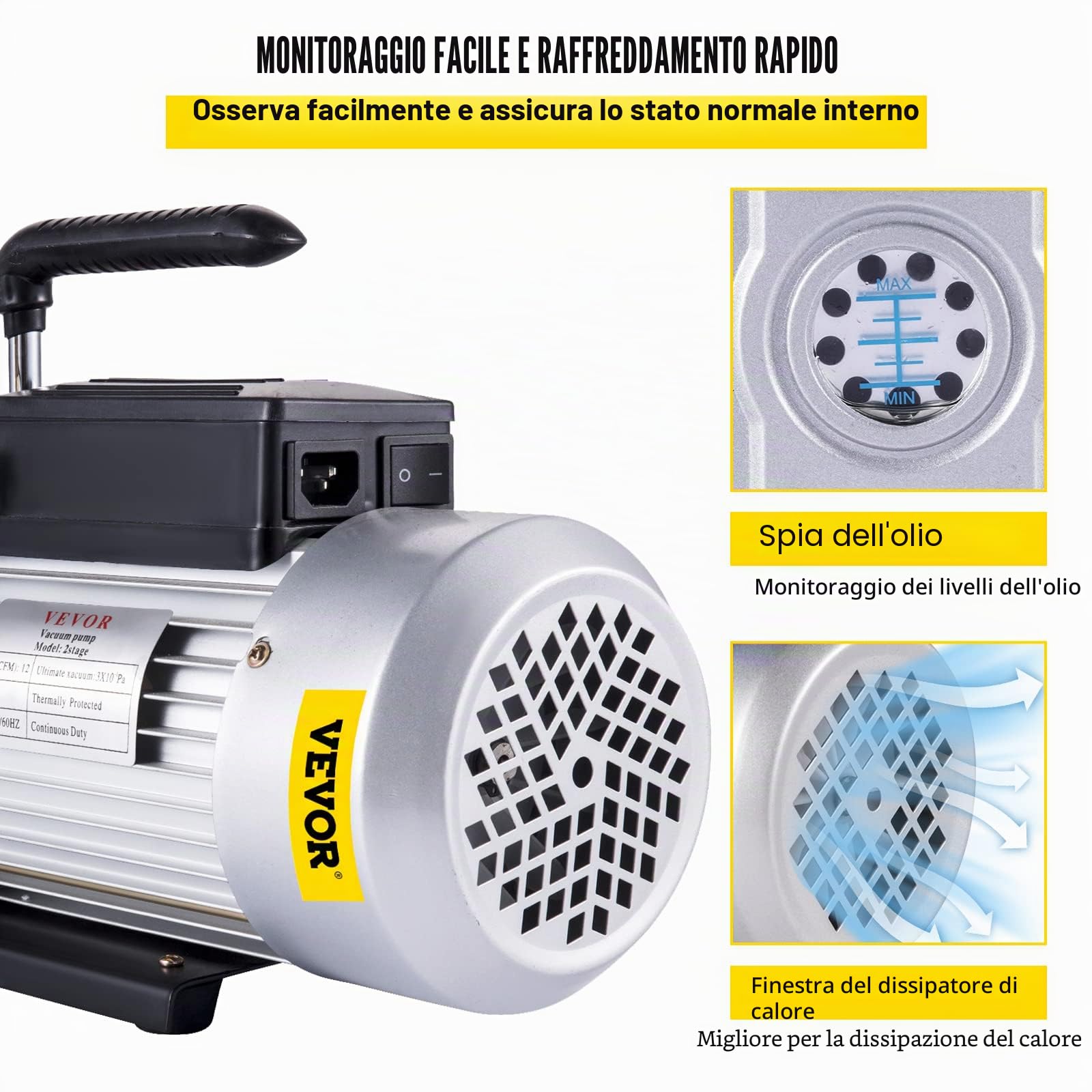 VEVOR Pompa per Vuoto 42,4 x 25,4 x 16 cm Pompa per Vuoto ad Alta Efficienza 339,8 L/min 5 Pa Ideale per Il Condizionamento Domestico, La Manutenzione Automobilistica, L'imballaggio Sottovuoto