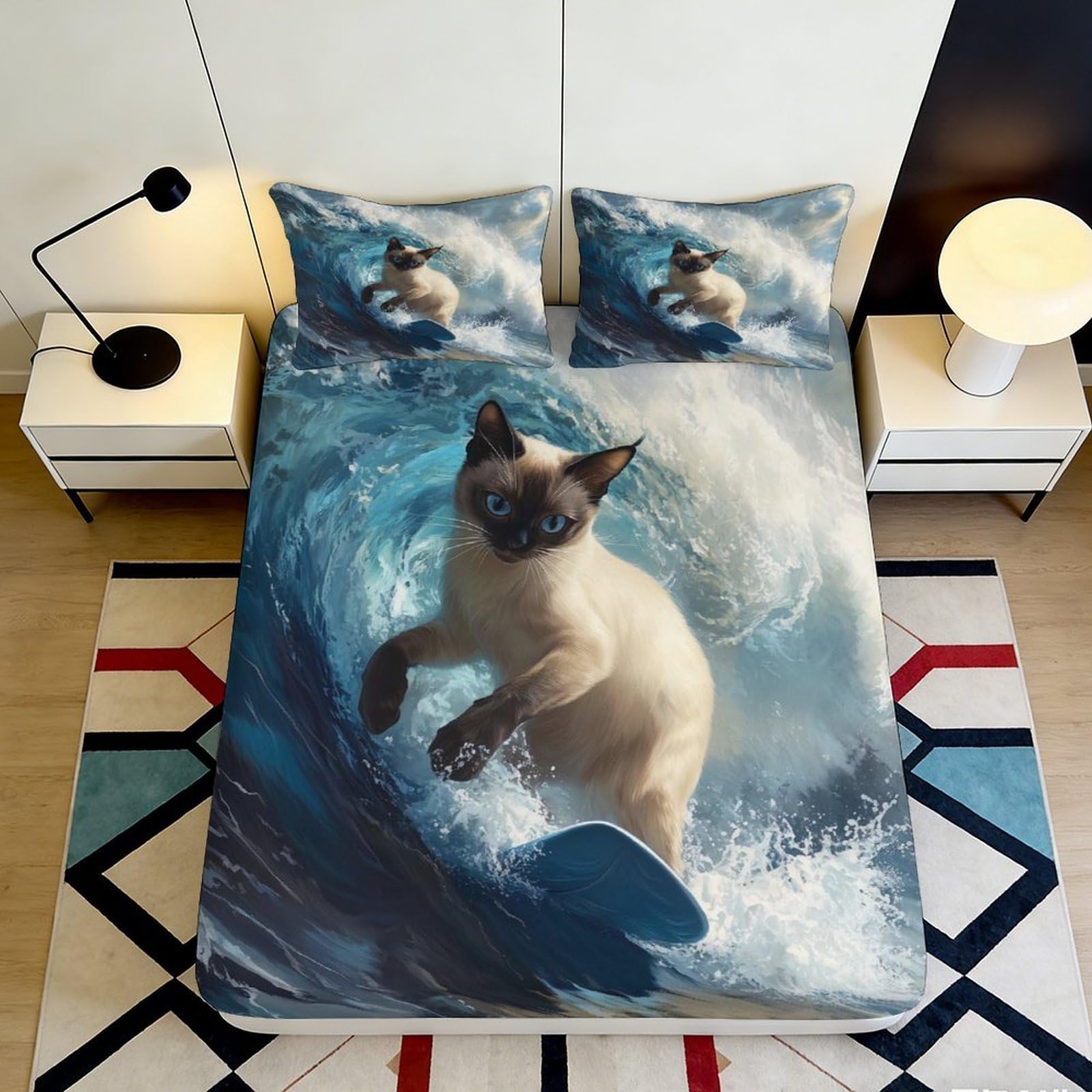 Ctjqhvmx Style-2 3D Printed Surfing Cat Fitted Sheet Microfiber Deep Pocket Bedroom Bedding Surf Cat Mattress Fitted Cover Non-Slip Washable For Adults Teens 90X200x25cm 90X200x25cm