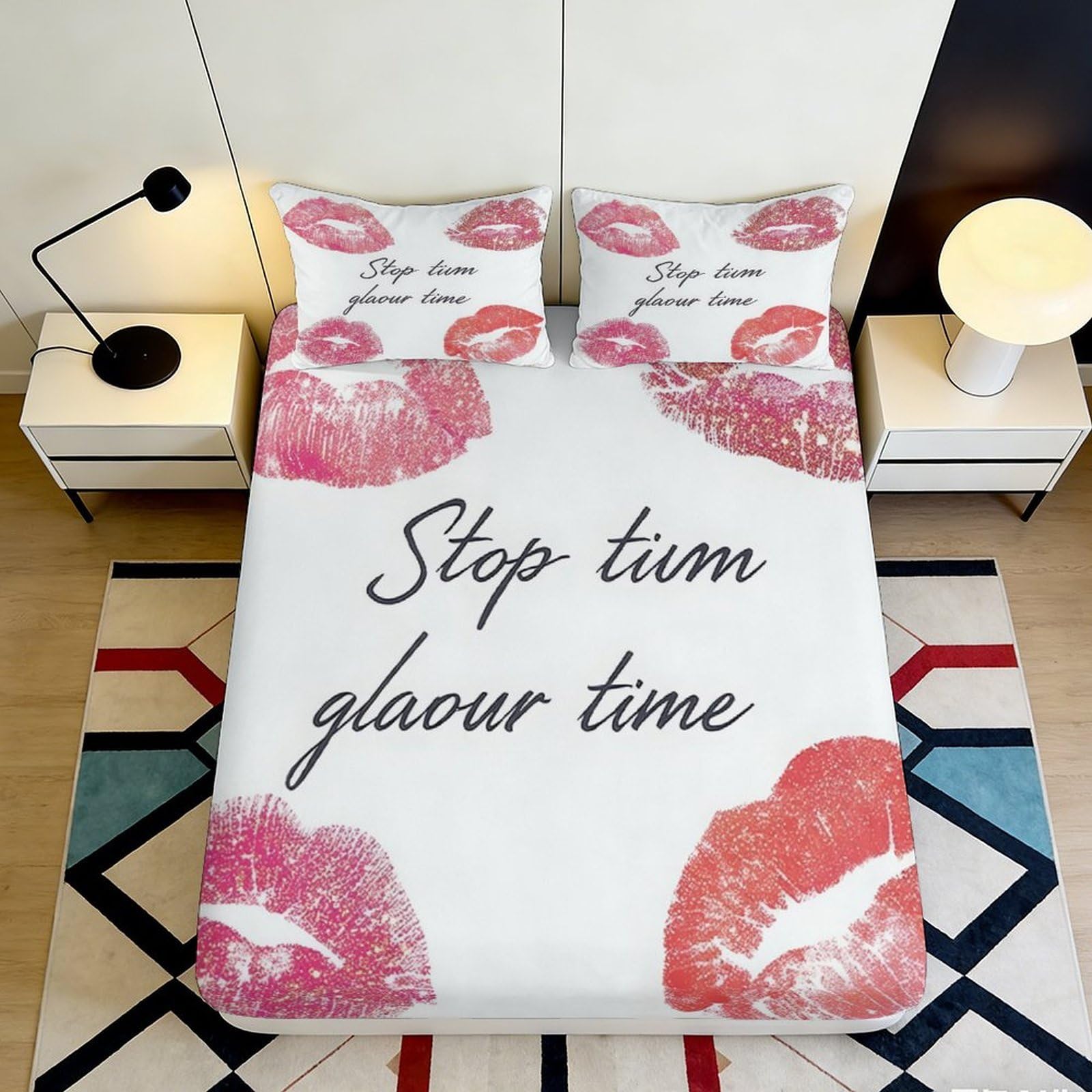 3D Printed Lip Kiss Fitted Sheet Microfiber Anti-Slip Glamour Slogan Mattress Cover Bedroom Decor Washable 90x200x25cm