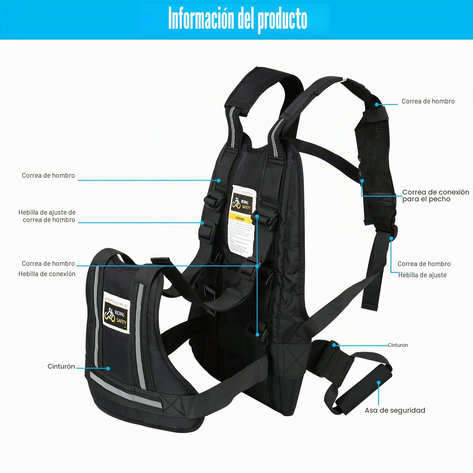 Cinturón de seguridad para motocicleta para niños con dos asas, correa ajustable para motocicleta para niños con 3 materiales reflectantes, protección contra caídas para bebés adecuado para niños
