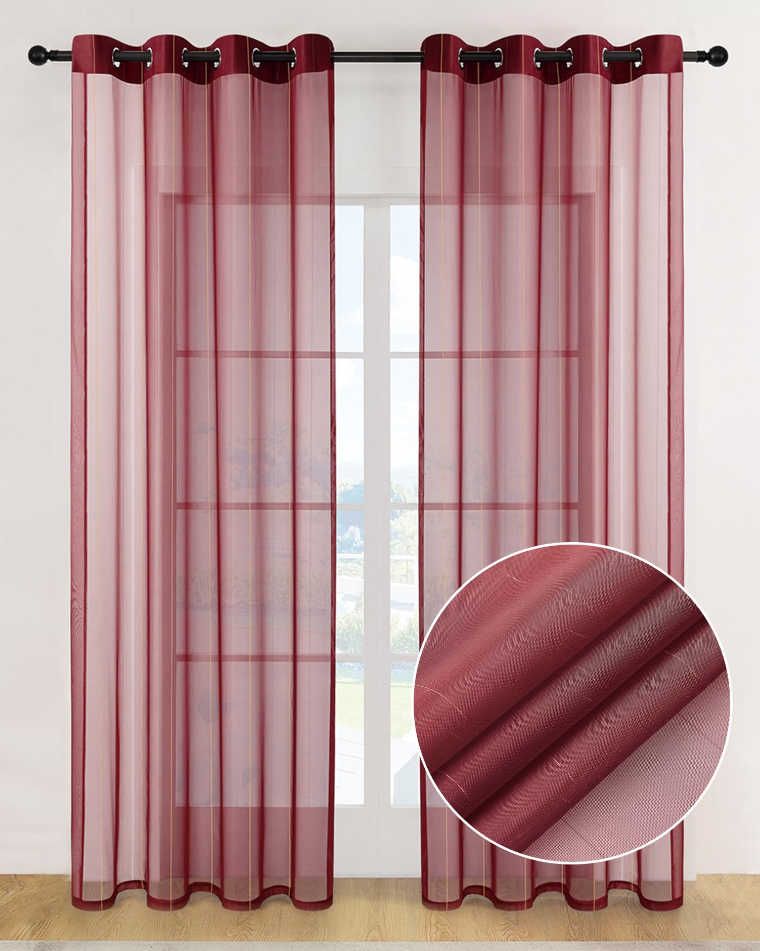 MISSTIAM Foil Stripe Burgundy Sheer Curtains 84 inches Length 2 Panels with Grommets 52 inches Widith, Semi Transparant Curtains for Living Room and