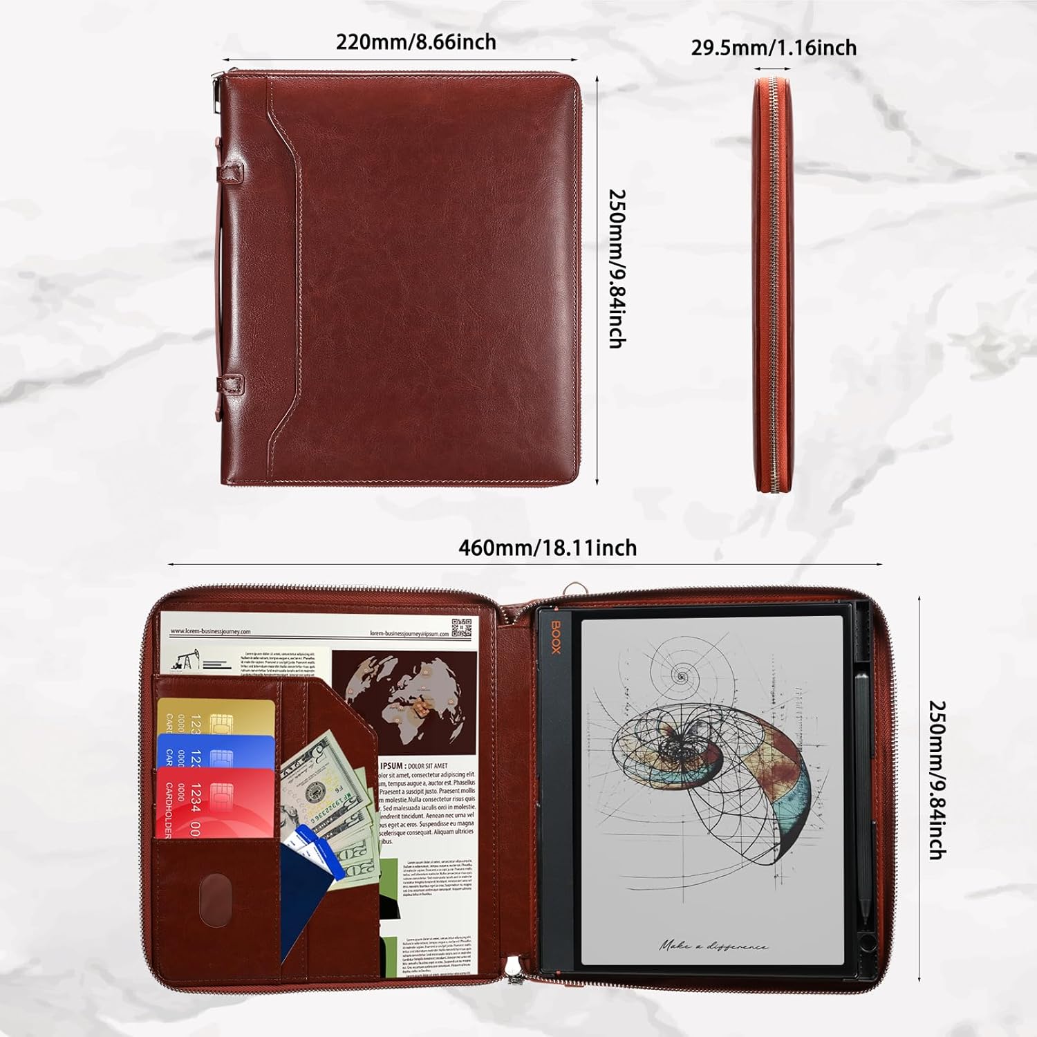 E NET-CASE Case for 10.3" Boox Note Air4 C (2024)/Boox Note Air3 C (2023) - Business Handheld Design Upgraded PU Leather Cover with Zipper & Pen Holder (Brown)