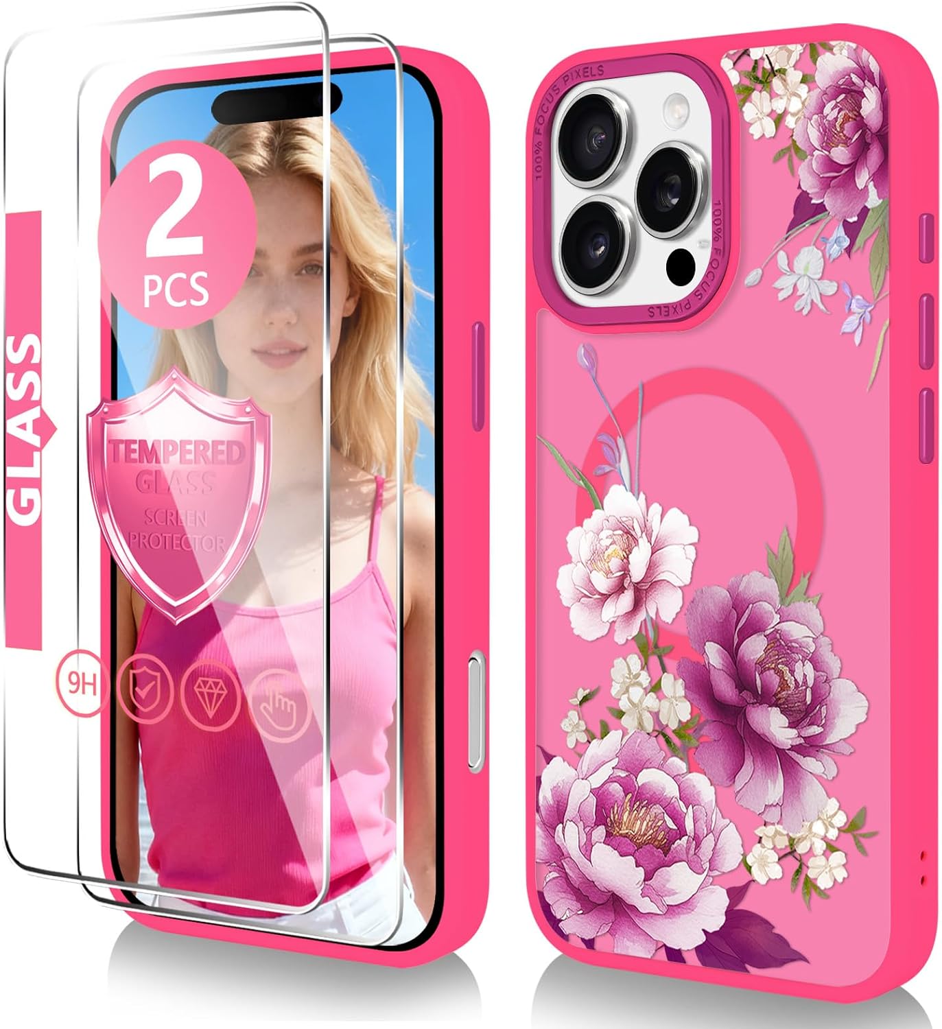 with Magnetic for iPhone 16 Pro MAX Case with Screen Protector, Anti-Fingerprint Translucent Matte Phone Cover for Girls Women-Peony/Purple