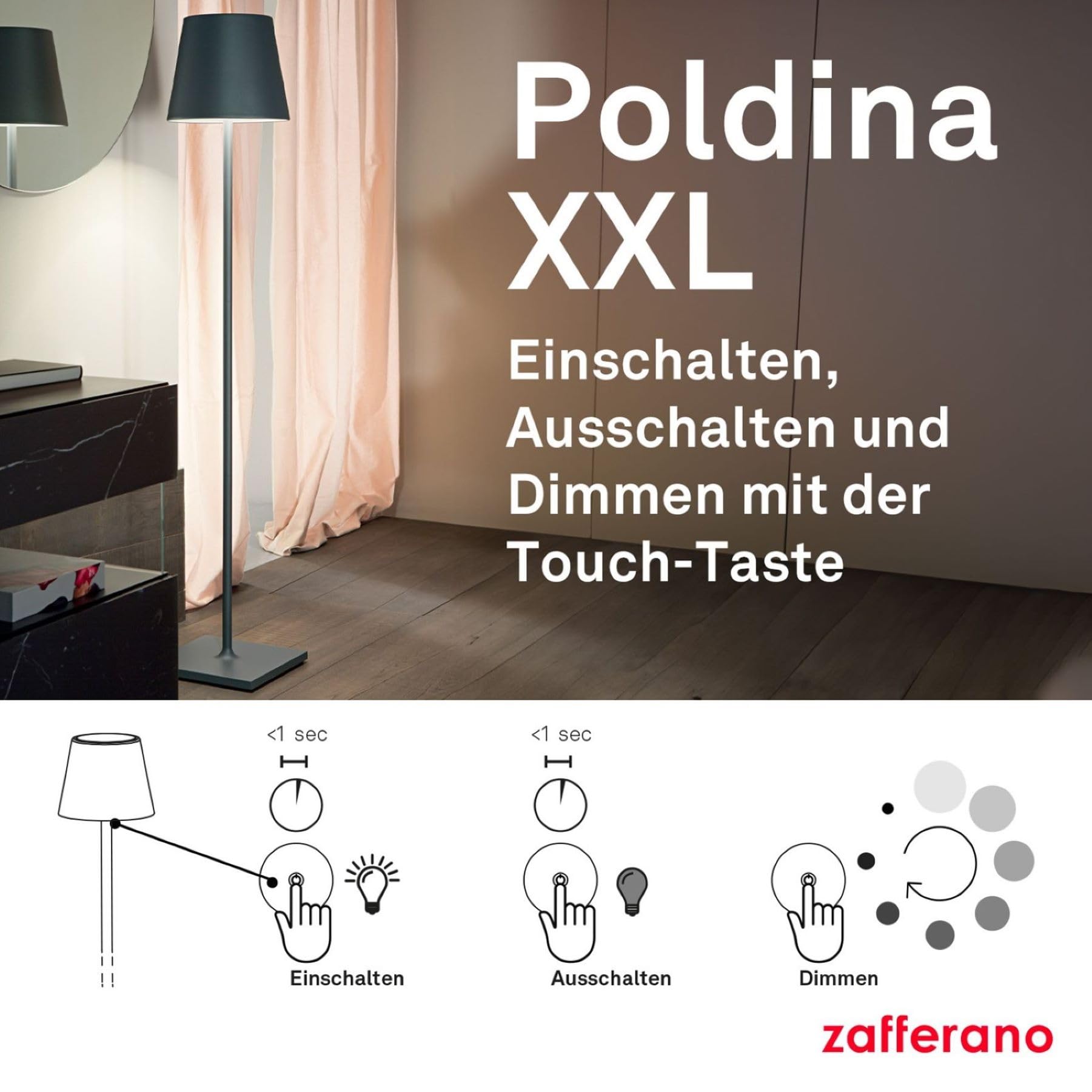 Zafferano, Poldina XXL Lampe, Kabellose, Wiederaufladbare Stehlampe mit Touch Control, Geeignet für Wohnzimmer und Außenbereich, Dimmer, 2700-3000 K, Verstellbare Höhe 69-150 cm, Farbe Corten