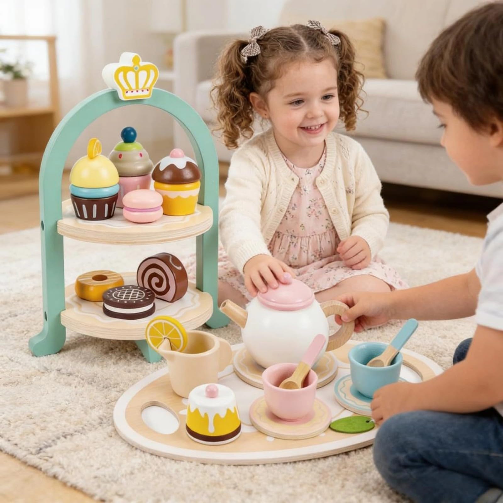 Juego de postres de madera para niños, juguete de cocina con utensilios, regalo de aprendizaje para niños y niñas, juego de cocina de cumpleaños, fiesta de té de madera, juego de cocina para niños de