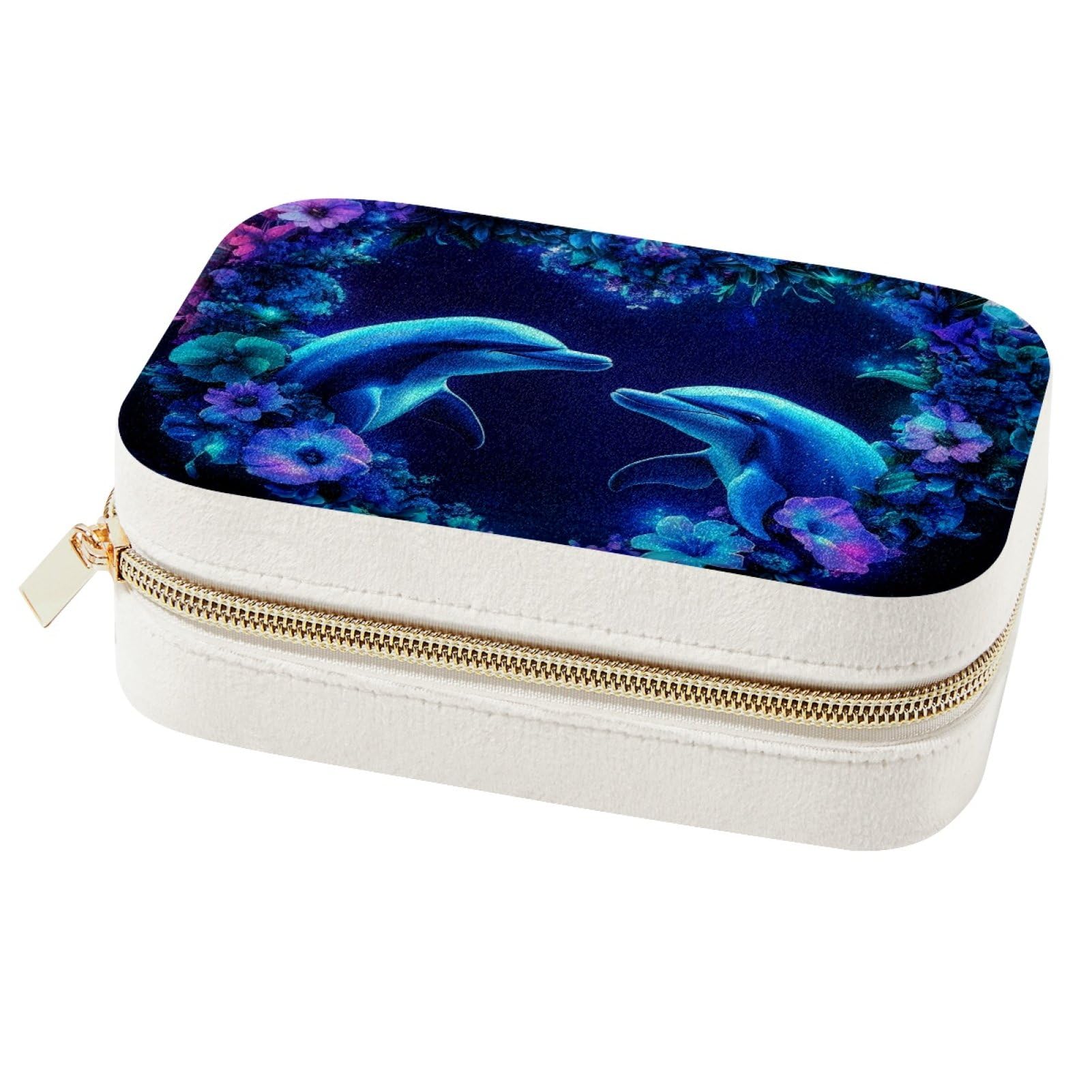 Boîte à bijoux portable bleue : cadeau idéal fleurs et dauphin pour fille