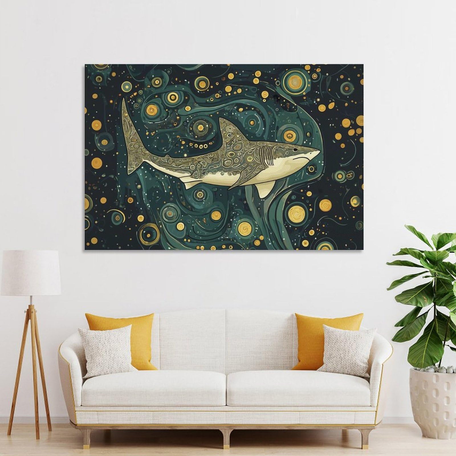 Junmoney Wall Picture Print Shark in Starry Sea, 20x30inch(50x75cm), for Lounge, Bedroom Or Personal Spaces, Canvas Artwork with Gifting Potential
