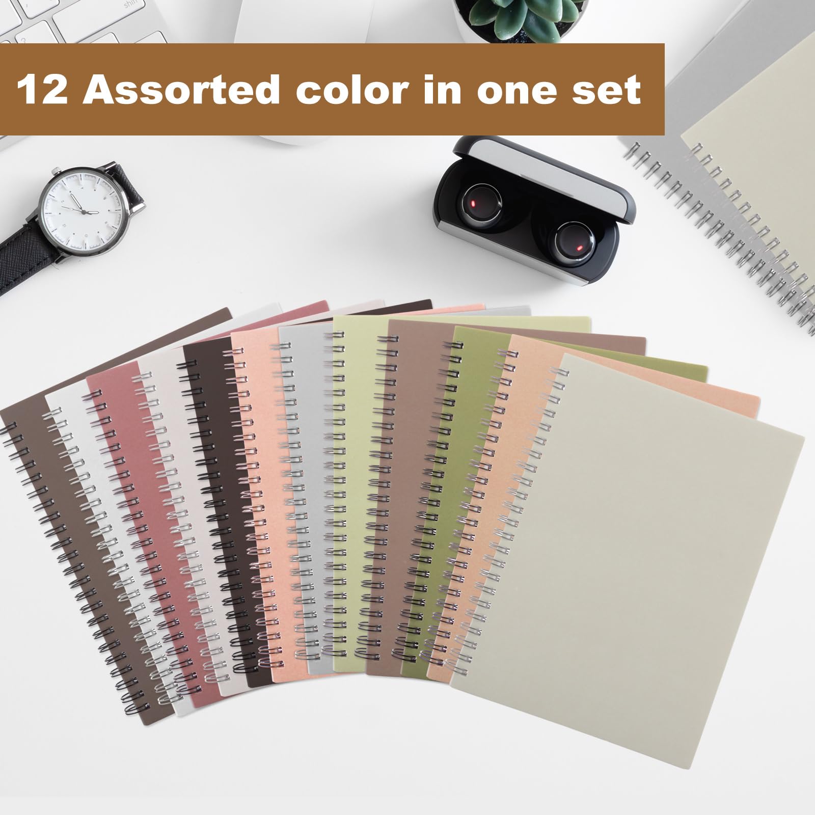 DAJAVE 24 quaderni A5 con rilegatura a spirale, formato A5, 120 pagine/60 fogli a righe, 12 colori, copertina in carta kraft, per lavoro, ufficio, scuola, viaggi