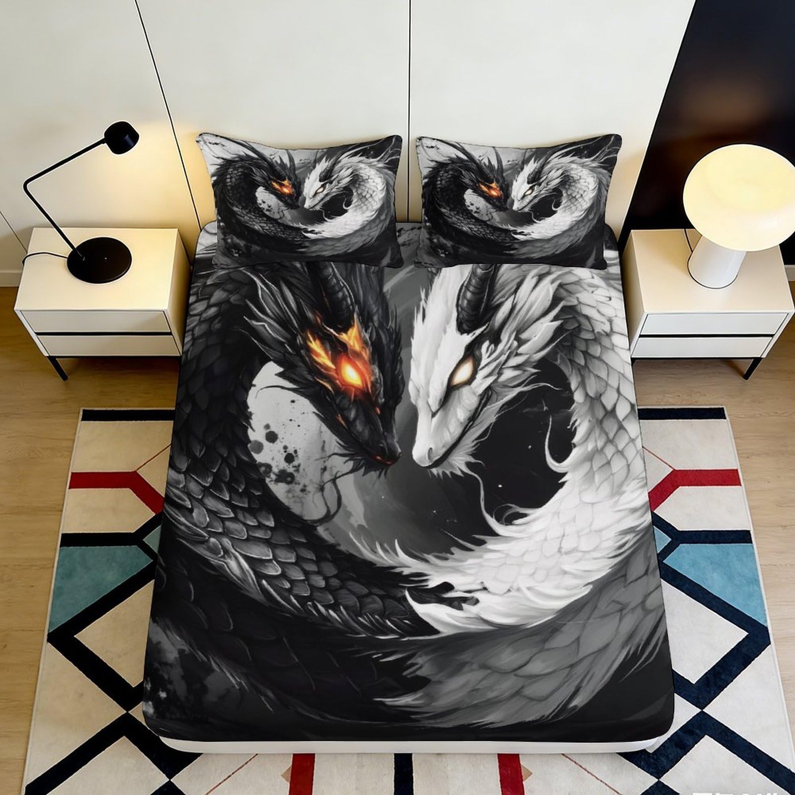 3D Printed Yin Yang Dragon Fitted Sheet Microfiber Soft Breathable Black White Bed Cover for Bedroom Dormitory Guest Room Mattress Protection 180x200x25cm