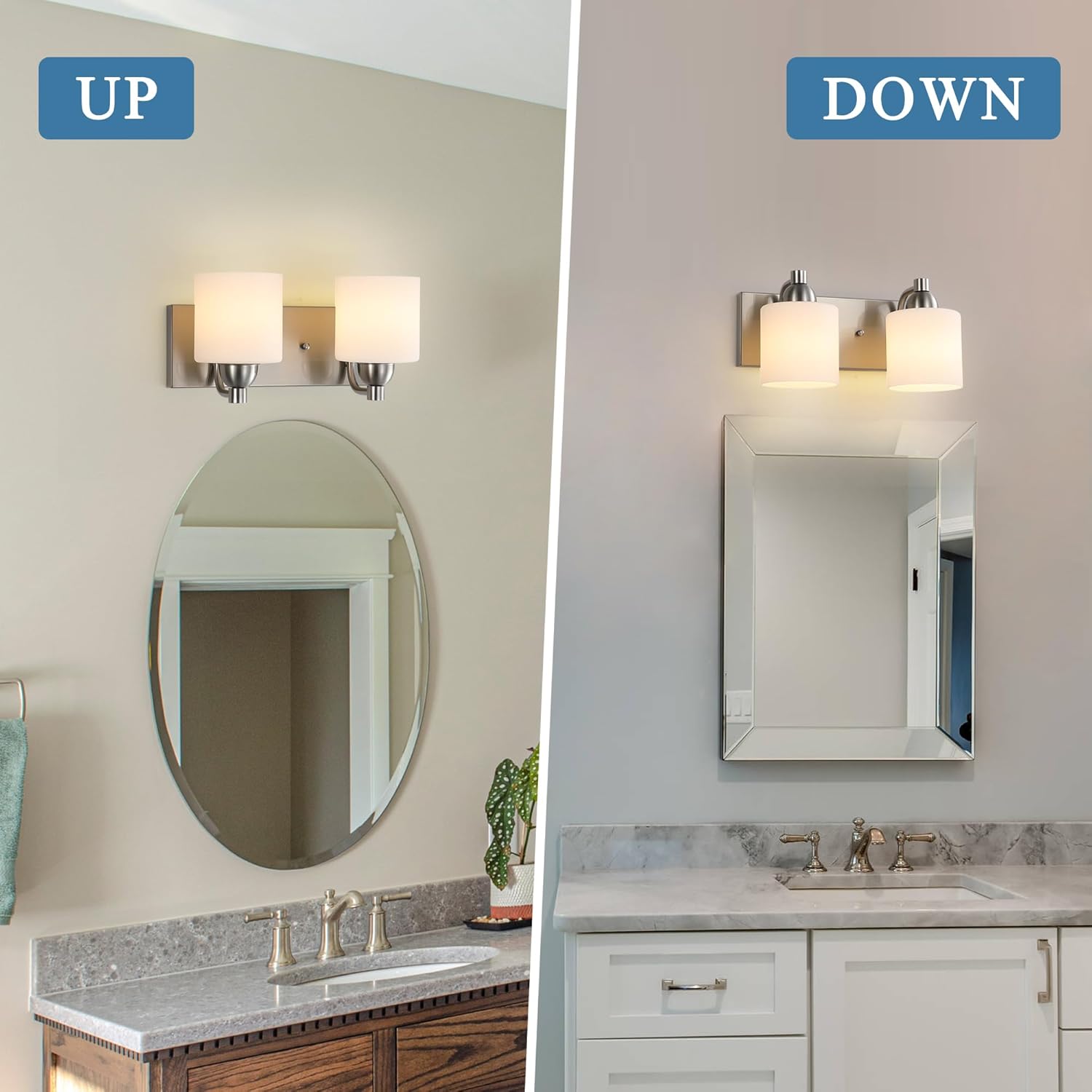 Mecgirn Stainless Steel Milk Glass Vanity Lights for Bathroom, 2 Light Brushed Nickel Bathroom Light Fixtures Over Mirror, Ceramic E26 Sockets Wall Mounted