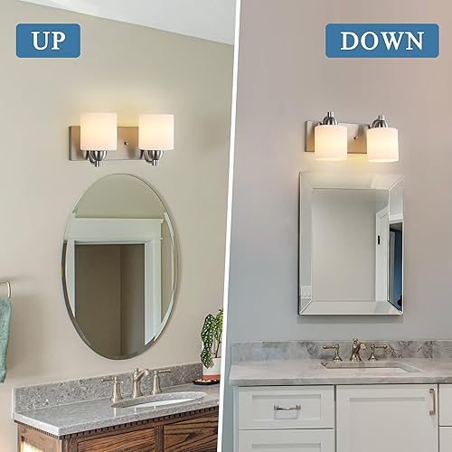 Miniatura 6 de Luces de tocador de vidrio de leche de acero inoxidable para baño, 2 lámparas de baño de níquel cepillado sobre espejo, enchufes E26 de cerámica