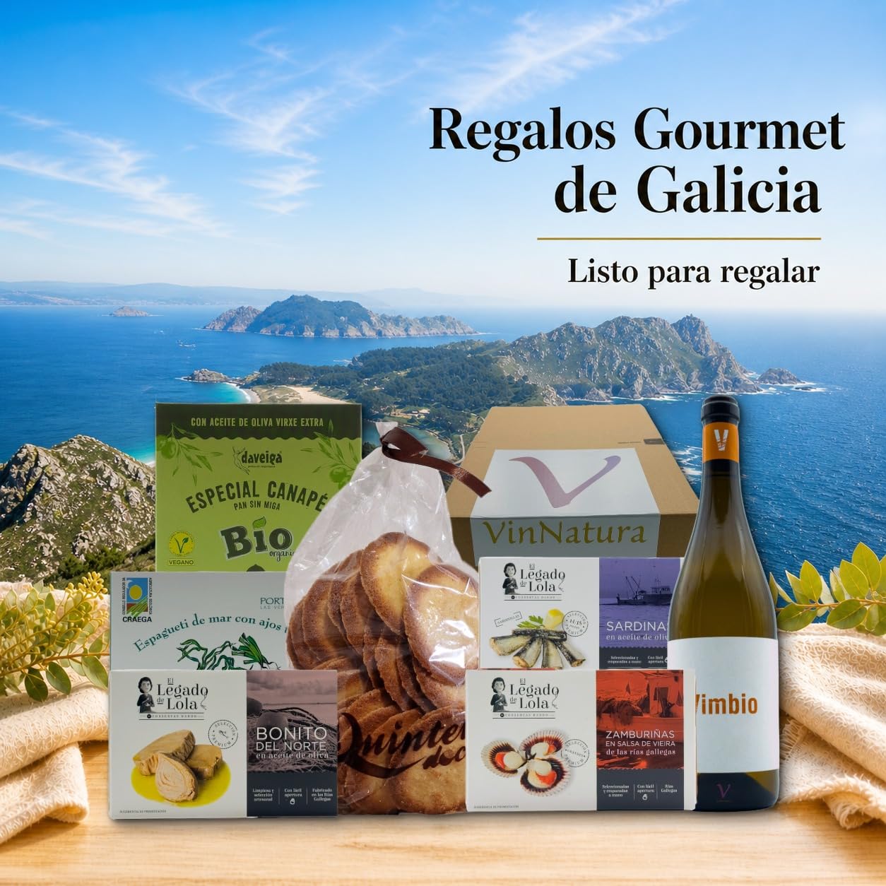 Cesta Gourmet Sálvora de VinNatura con Conservas Artesanales y Vino Blanco | Regalo gourmet gallego, regalos de empresa, cesta con vino, productos artesanos, tarjeta personalizable