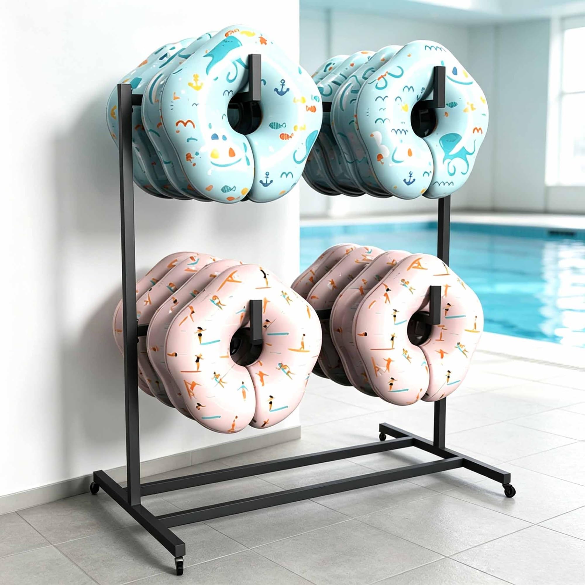 Asiwnshw 2-Tier Pool Float Storage, Outdoor Holder Pool Side Organizer, Rolling Pool Float Storage Organizer w/Wheels & Crossbar, Suitable for Swimming Equipment & Accessories(Black,Large)