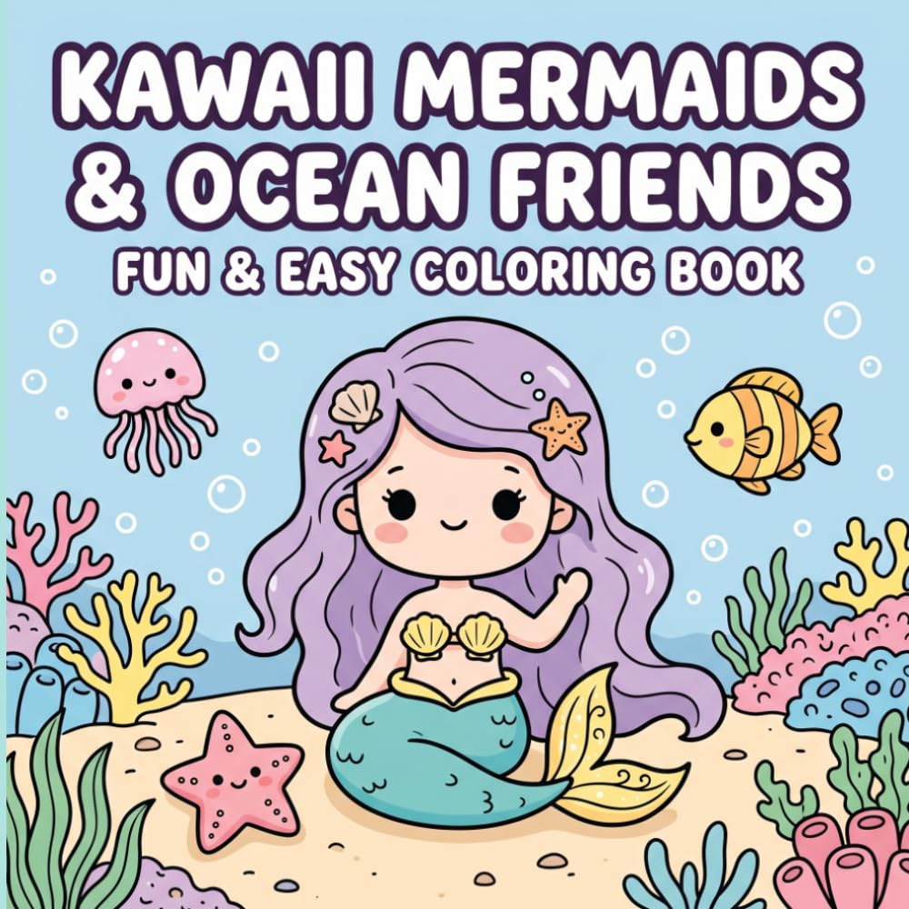 Kawaii Mermaids & Ocean Friends Coloring Book: Cute Underwater Adventures with Mermaids, Dolphins, Sea Turtles & Ocean Animals Coloring Pages for Kids Ages 4–8