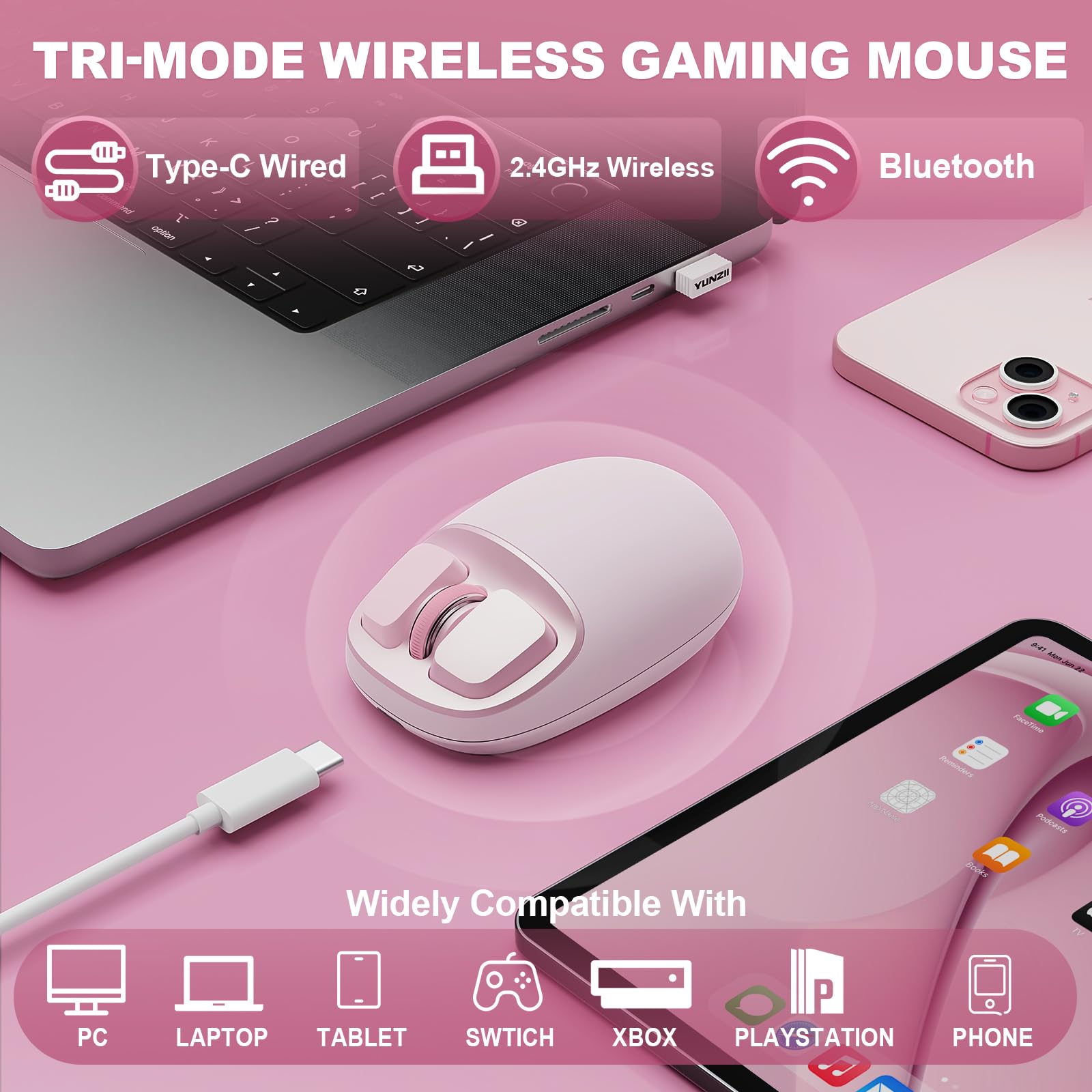 YUNZII C1 Siliconyowa Bezprzewodowa Mysz, 4800 DPI Śledzenie Optyczne, 6 Poziomów Regulacji, Tryb Potrójny 2,4 GHz/USB-C/Bluetooth, Konfigurowalna Mysz do Laptopa, Komputera, iPada (Różowy)