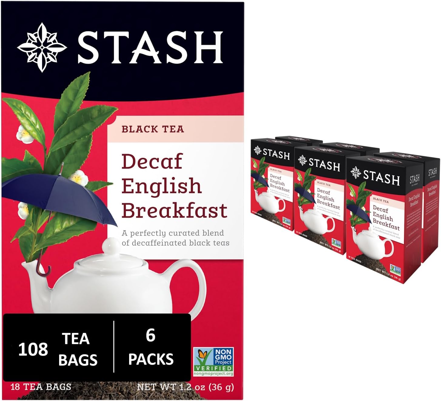 Stash Tea Decaf English Breakfast Black Tea - Decaf, Non-GMO Project Verified Premium Tea with No Artificial Ingredients, 18 Count (Pack of 6) - 108 Bags Total