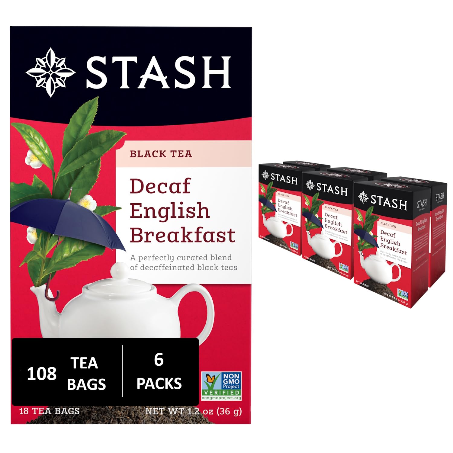 Stash Tea Decaf English Breakfast Black Tea - Decaf, Non-GMO Project Verified Premium Tea with No Artificial Ingredients, 18 Count (Pack of 6) - 108 Bags Total