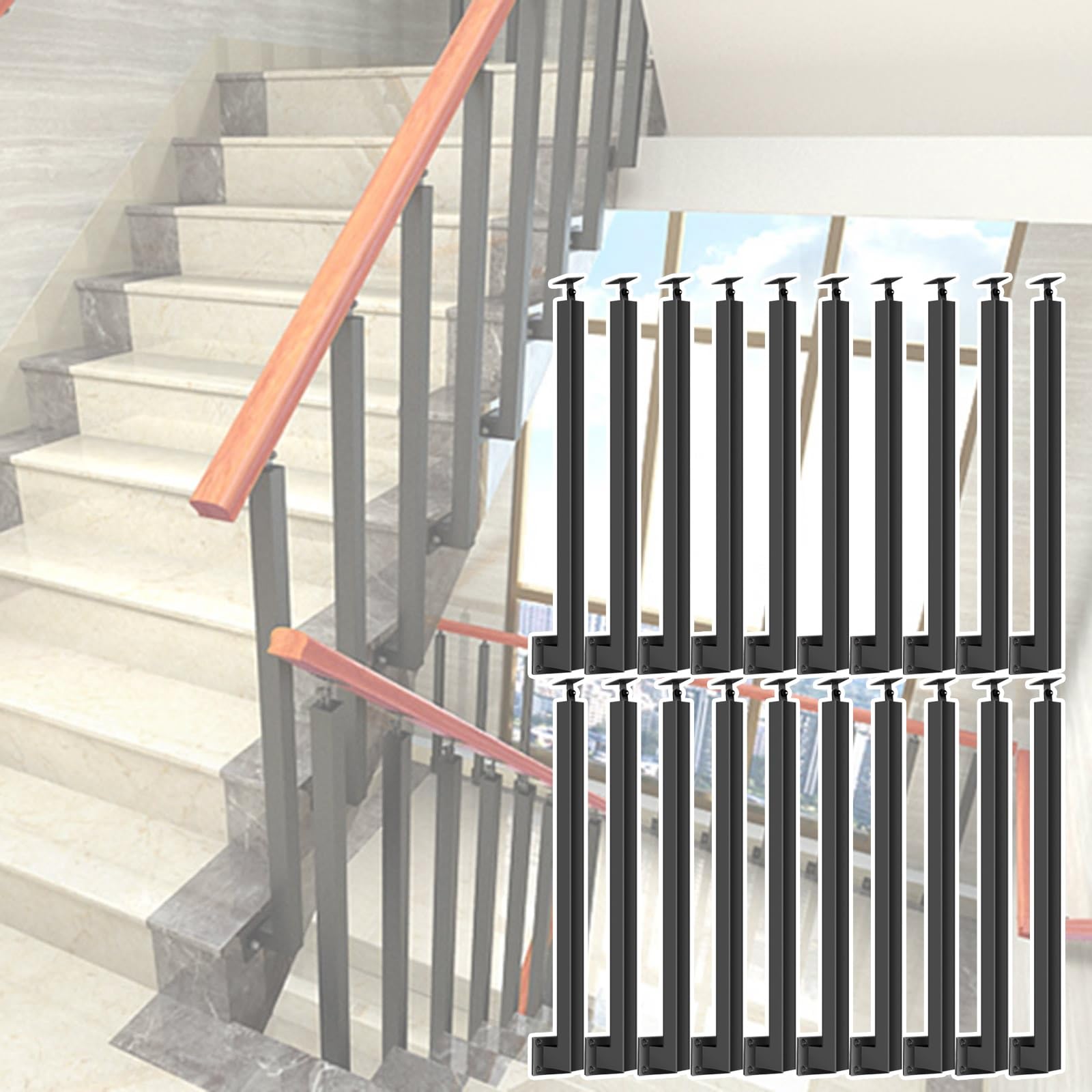 Rampes d'escalier en fer noir 75 cm | Lot de 20 poteaux de balustre orientables à montage latéral