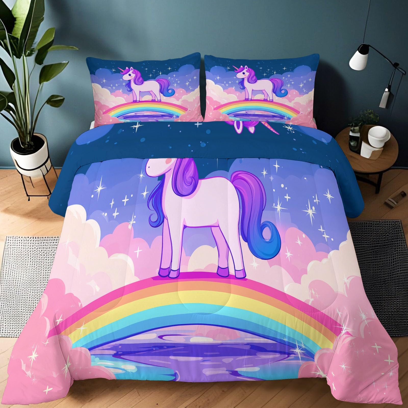Couette 4 Saisons imprimée licorne violet rosé pour chambre d'enfant