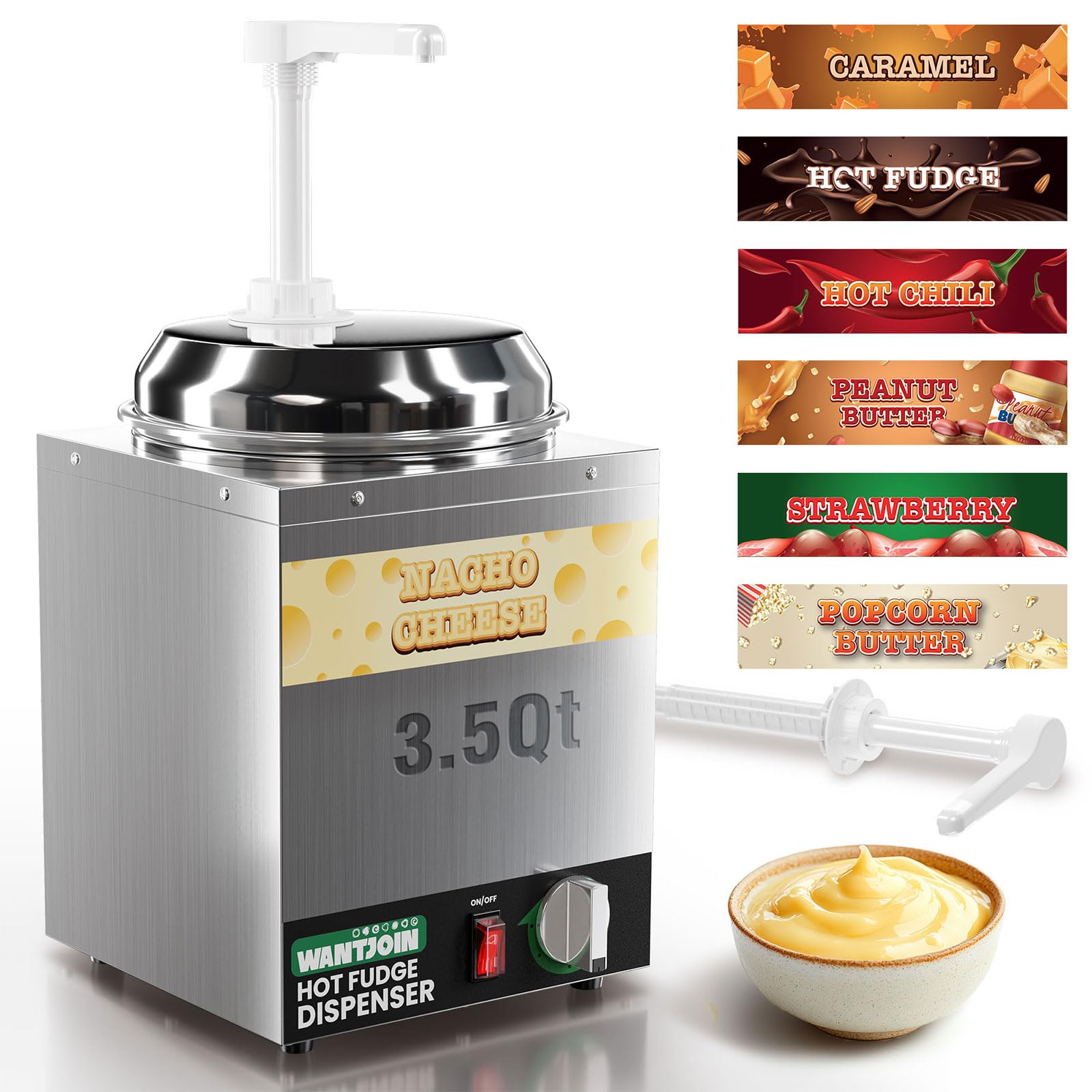 Photo 1 of WantJoin Nacho Cheese Dispenser with Pump - 3.5Qt Nacho Cheese Warmer Commercial Hot Fudge Dispenser W/5-Level Temperature Adjustment for Stainless Steel Hot Fudge Warmer, Cheese Caramel
