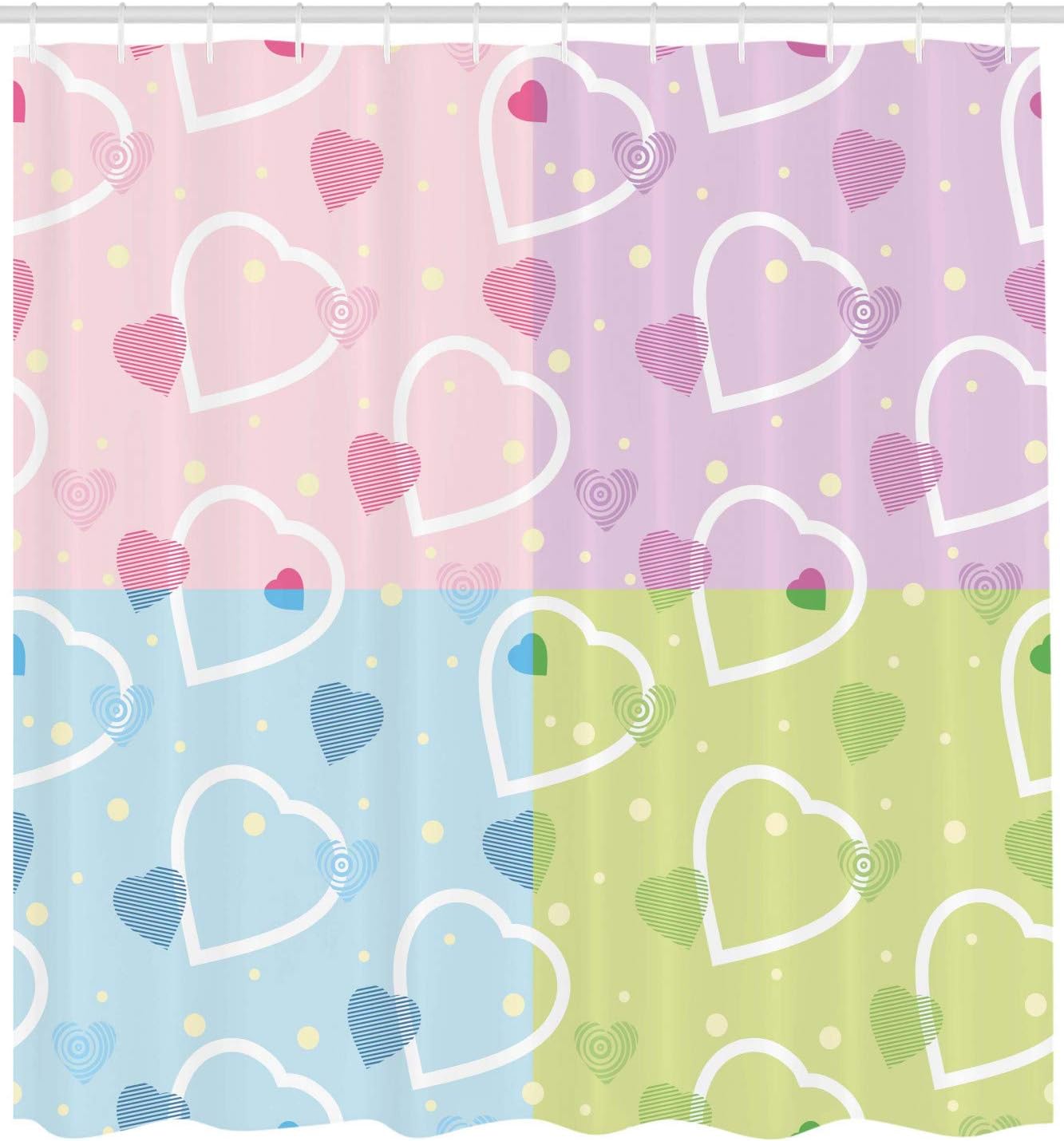 Ambesonne Valentine Shower Curtain, Big Little Heart Motifs on Colorful Background with Dots Romance Love Theme, Cloth Fabric Bathroom Decor Set with Hooks, 69" W x 84" L, Blue Pink