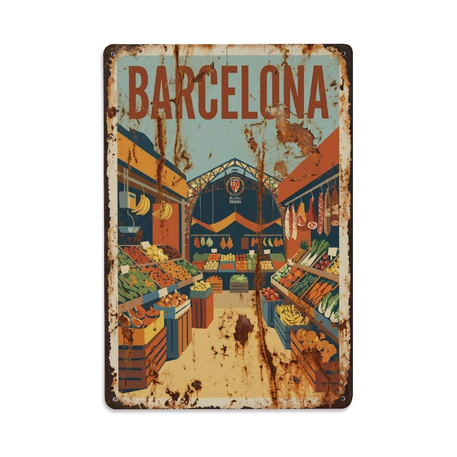Okngb Style Market Catalonia Barcelona Classic Tourism Urban Travel Metal Tin Sign Plaque Wall Decor For Cafe, Man Cave, Club Bar, Office, Home Garden Round Metal Poster 8X12inch