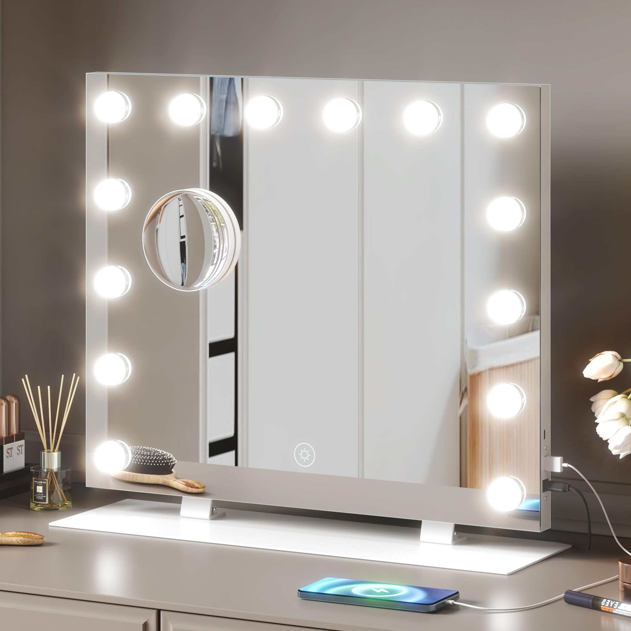 Mondeer Hollywood Vanity Mirror with Lights, 60 x 50 cm, Large Makeup Mirror with 14 Dimmable LED Bulbs, 3 Color Modes, Type-C and USB Output Port, Table and Wall Mounted,