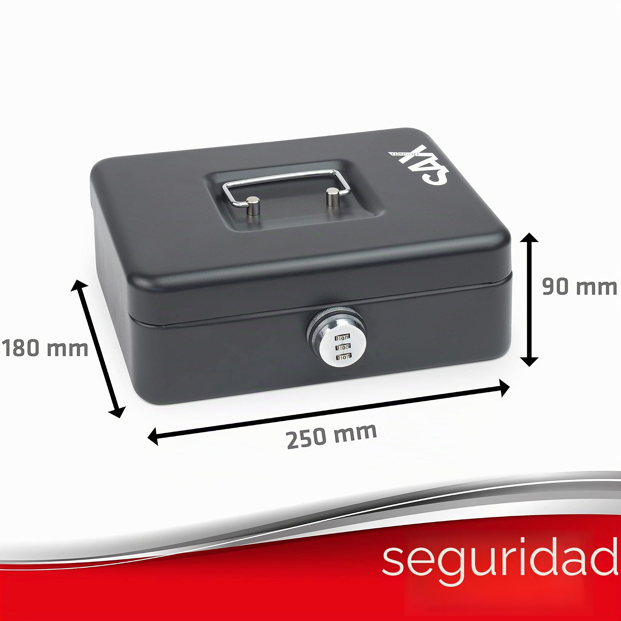 Caja de caudales Sax con cerradura de combinación, cerradura extra fuerte, 25 x 18 x 9cm, Grande, Caja de caudales de seguridad negra